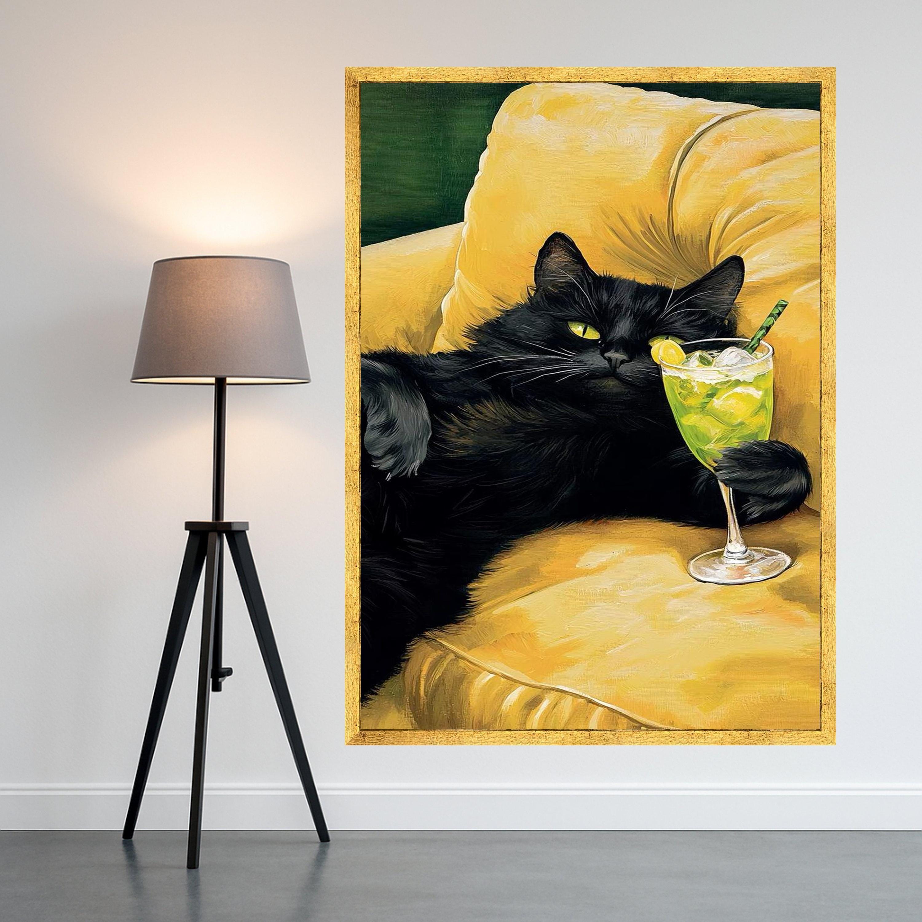 Black Cat Cocktail Canvas Print – Funny Cat Wall Art, Wall Decor, Ready to Hang Wall Decoration
