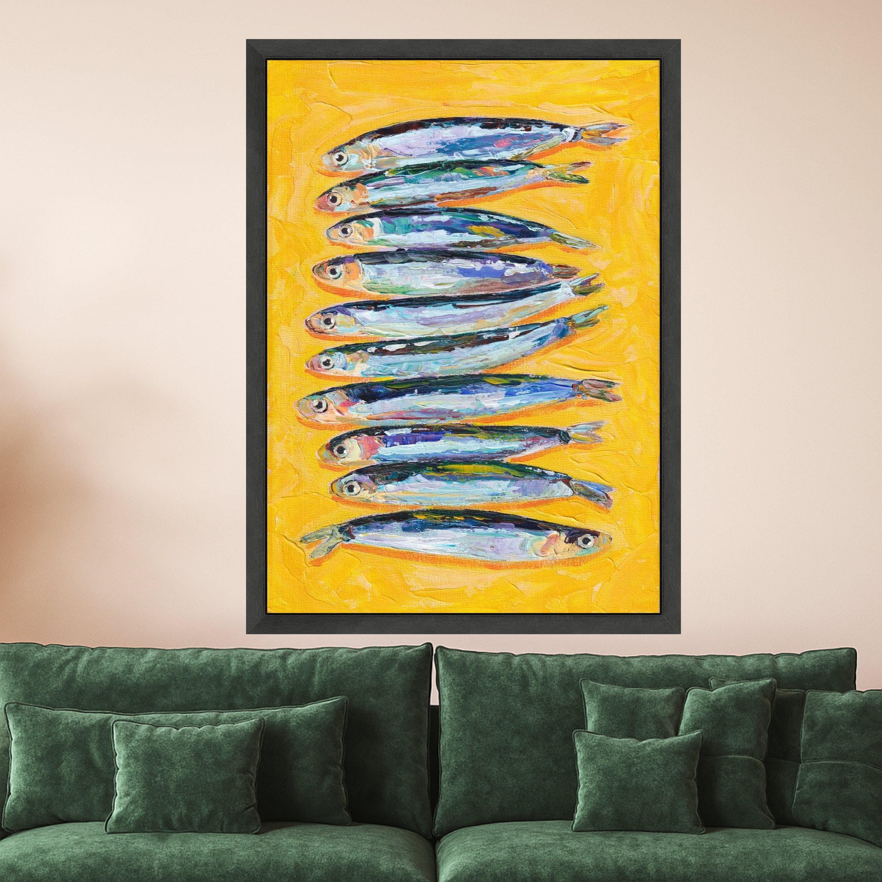Colorful Fish Canvas Print – Modern Coastal Kitchen Wall Art – Bold Yellow Wall Decor – Ready to Hang Nautical Painting