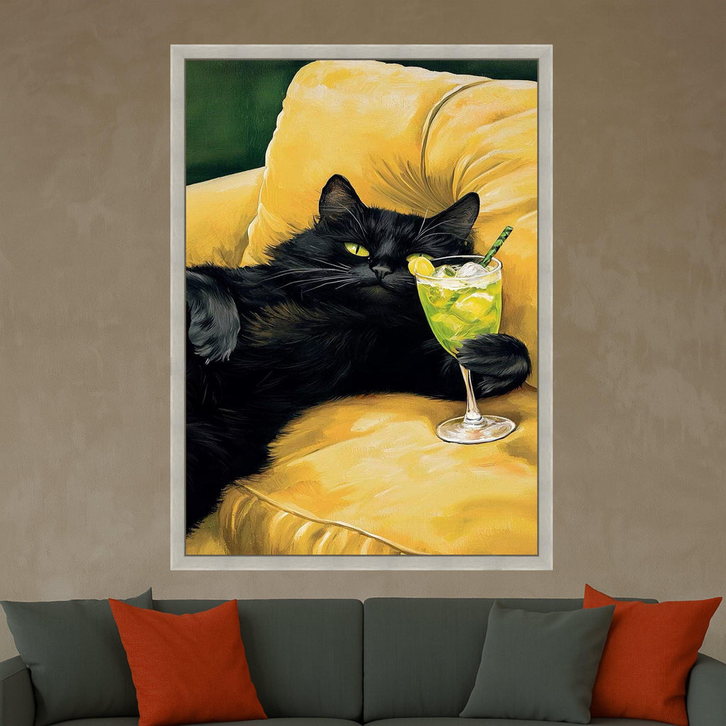Black Cat Cocktail Canvas Print – Funny Cat Wall Art, Wall Decor, Ready to Hang Wall Decoration