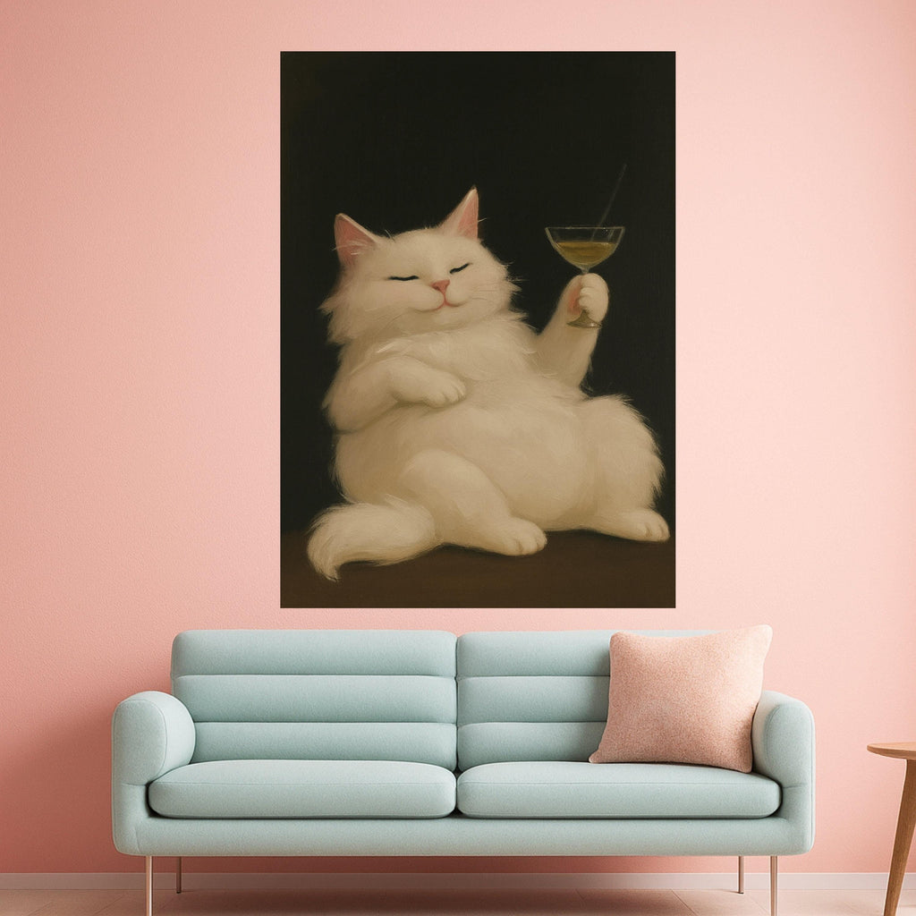 Funny Cat Canvas Print – White Cat Wall Art with Cocktail, Quirky Wall Decor, Ready to Hang Animal Wall Decoration