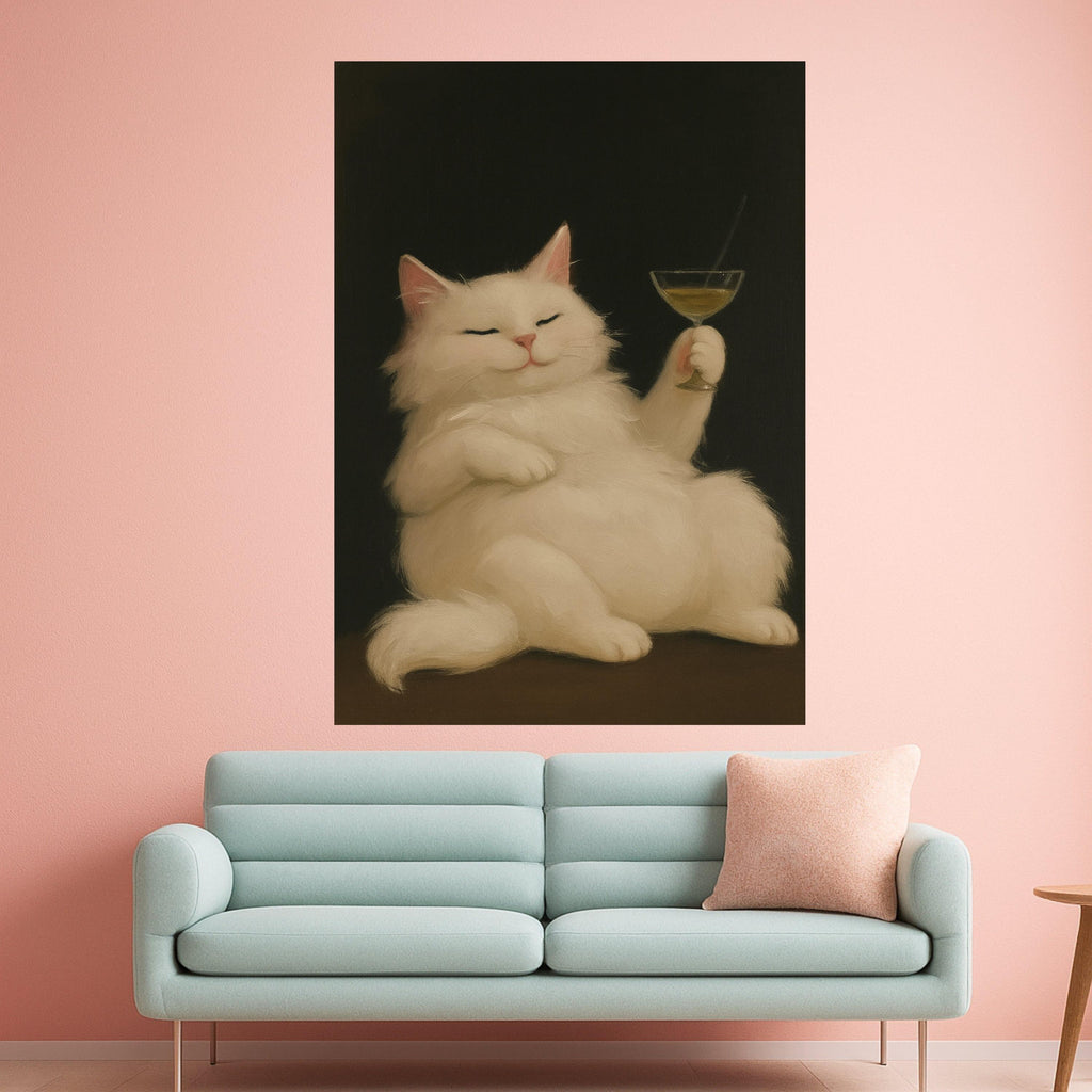 Funny Cat Canvas Print – White Cat Wall Art with Cocktail, Quirky Wall Decor, Ready to Hang Animal Wall Decoration