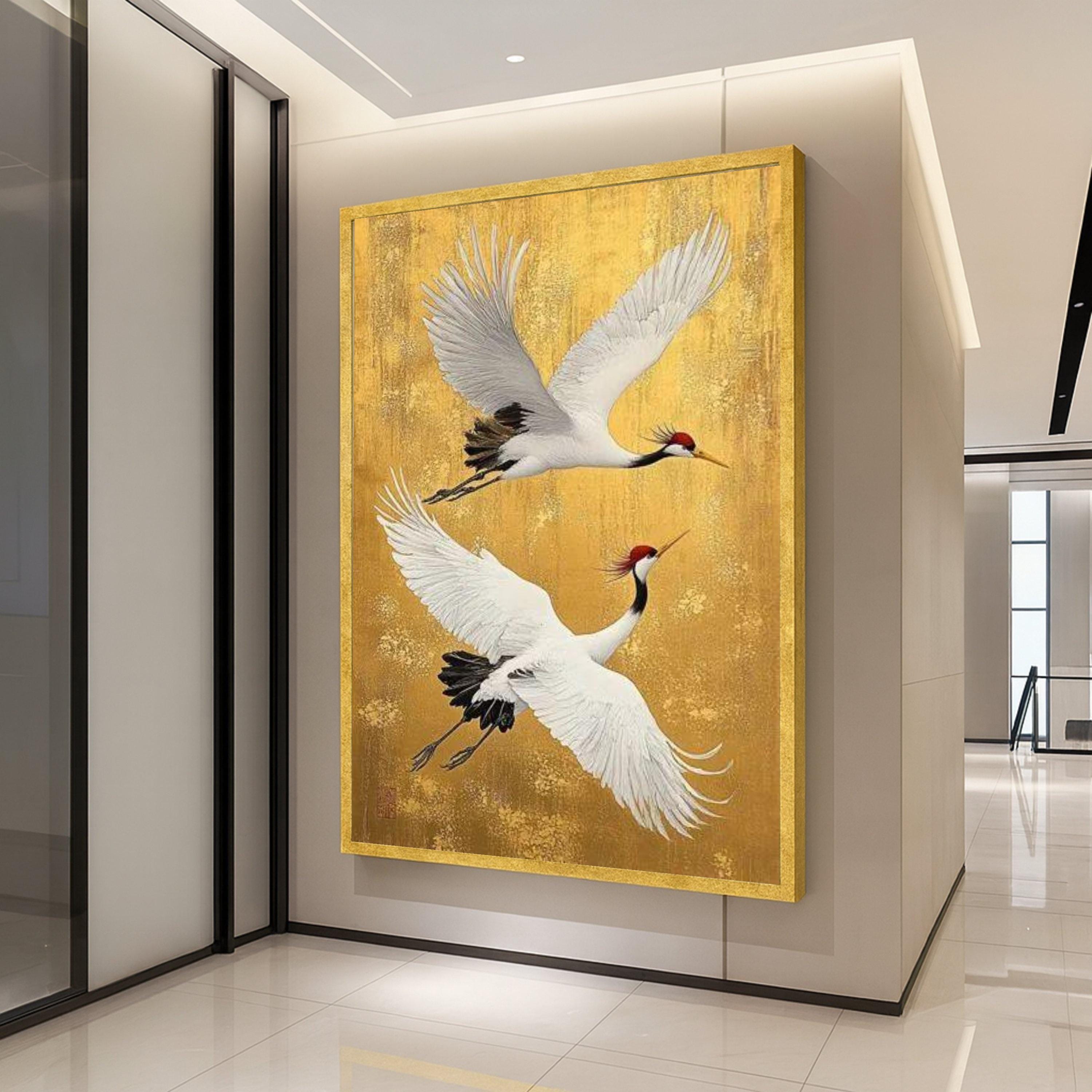 Elegant Cranes Flying Canvas Wall Art, Asian Bird Painting, Nature Wildlife Canvas, Gold Background Wall Decor, Ready to Hang Ready To Hang,