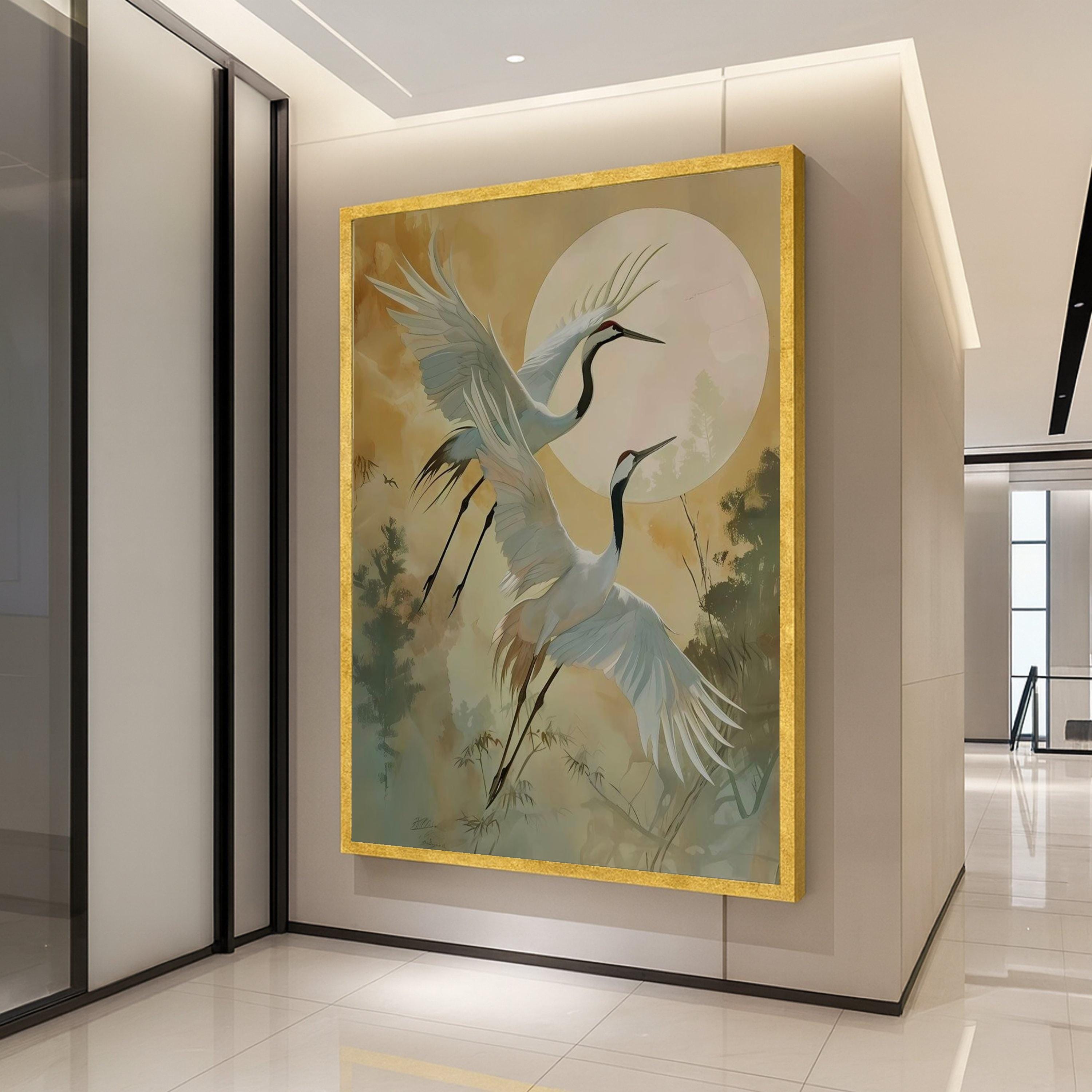 Japanese Crane Canvas Print – Elegant Red Crowned Cranes Wall Art with Moon, Nature Wall Decoration, Zen Style Ready to Hang