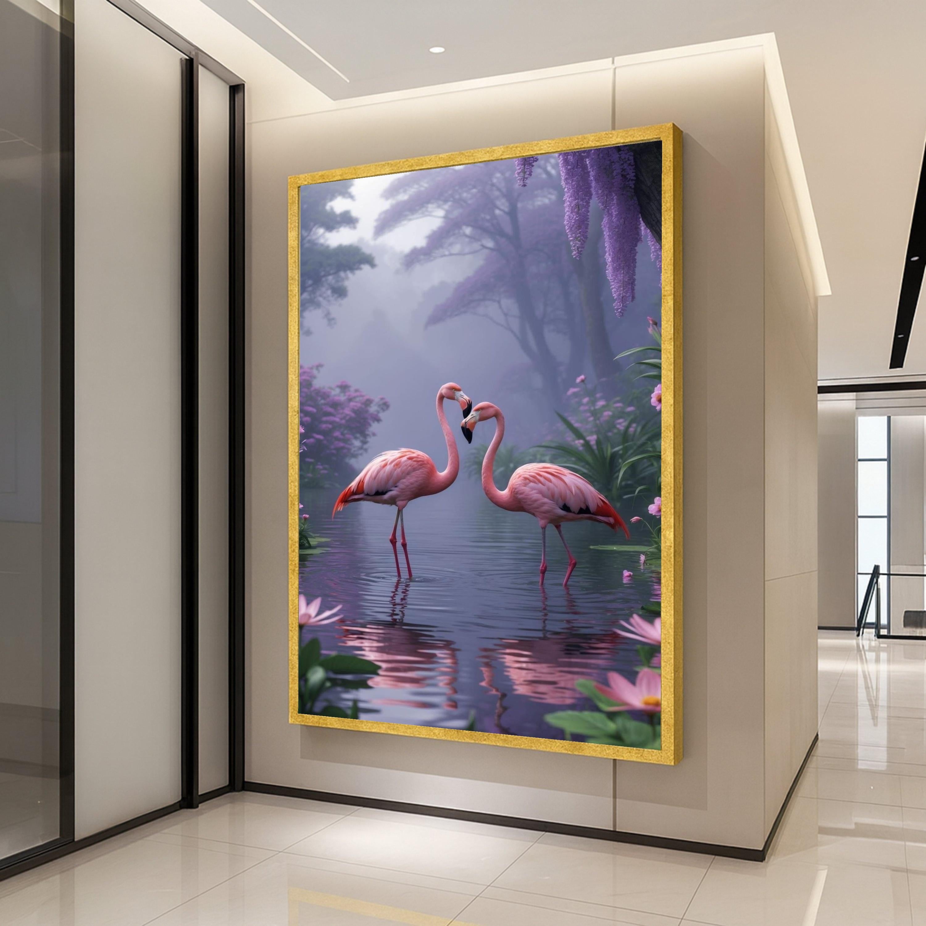 Romantic Flamingos Canvas Print – Misty Nature Wall Art – Pink Bird Wall Decor for Bedroom or Nursery – Ready to Hang Painting