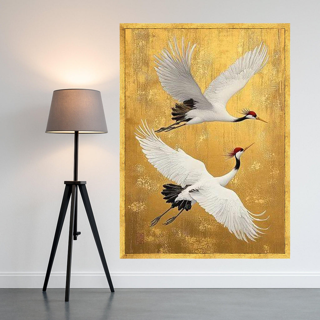 Elegant Cranes Flying Canvas Wall Art, Asian Bird Painting, Nature Wildlife Canvas, Gold Background Wall Decor, Ready to Hang Ready To Hang,