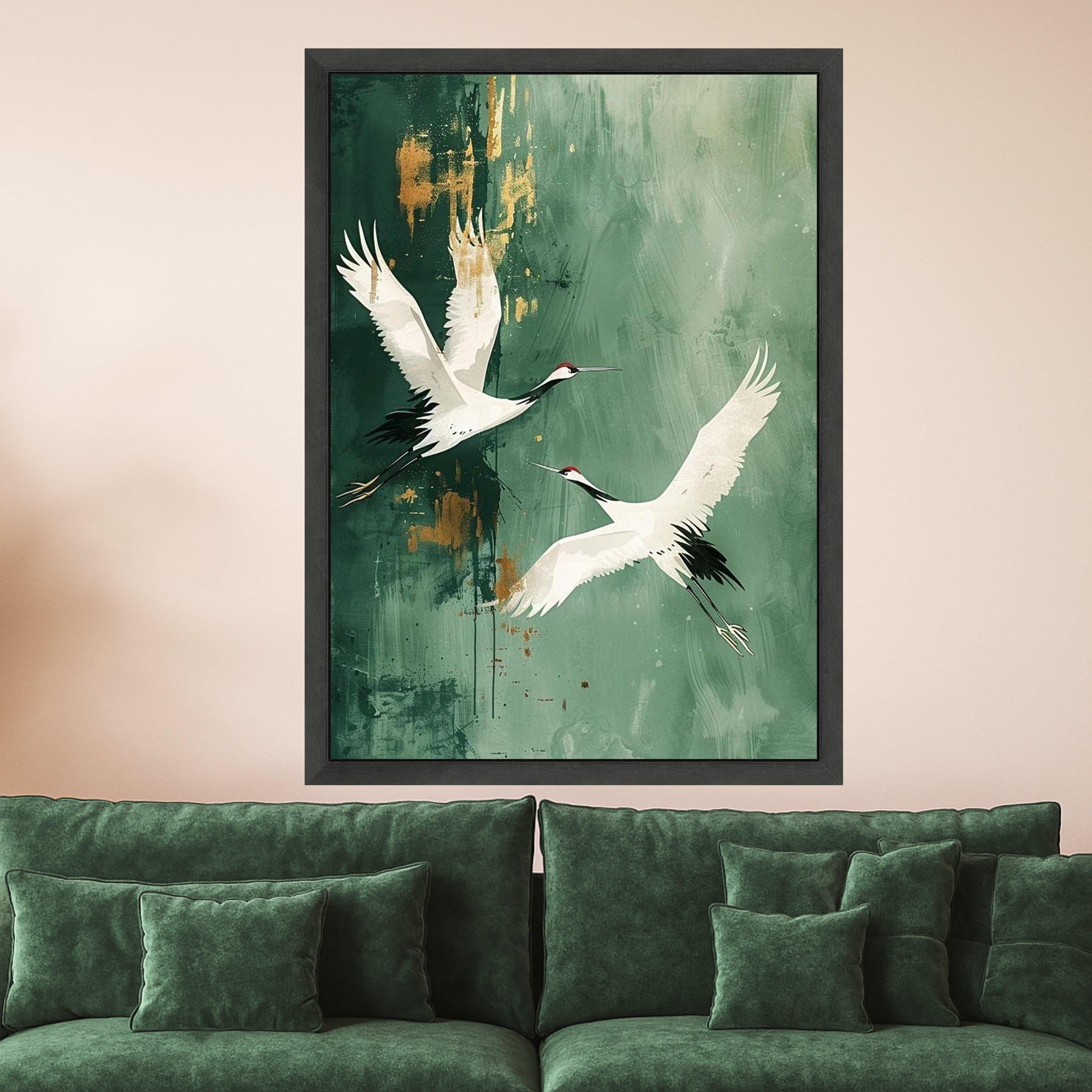 Red-Crowned Crane Canvas Print – Japanese Crane Wall Art on Green, Minimalist Nature Wall Decoration, Ready to Hang