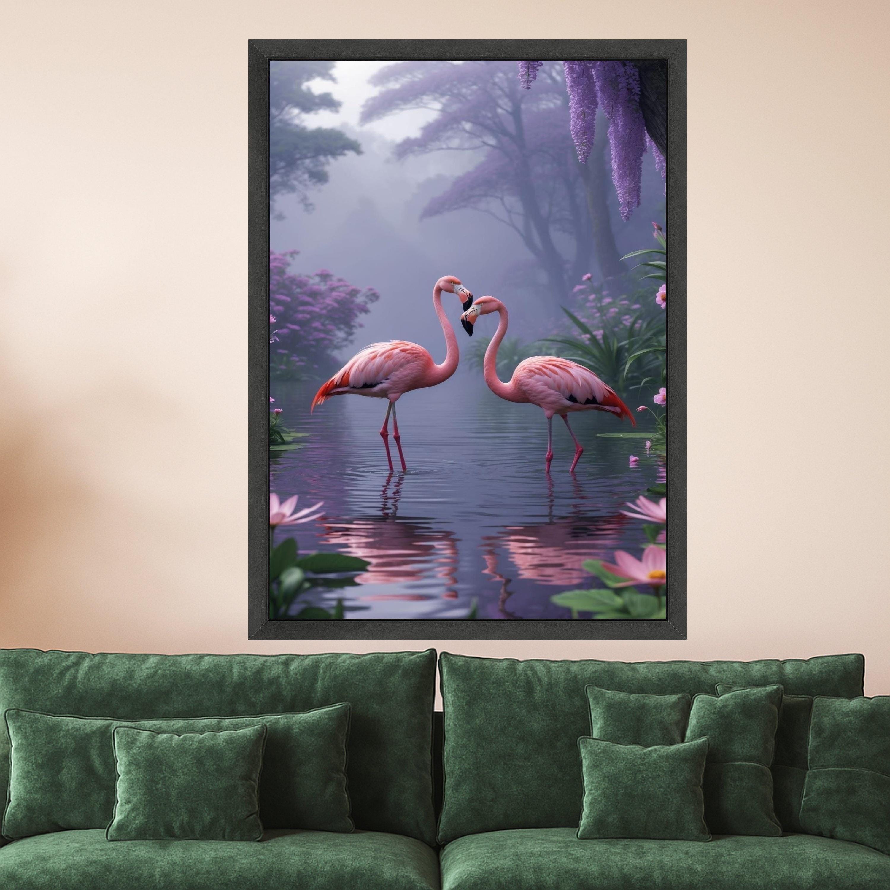 Romantic Flamingos Canvas Print – Misty Nature Wall Art – Pink Bird Wall Decor for Bedroom or Nursery – Ready to Hang Painting