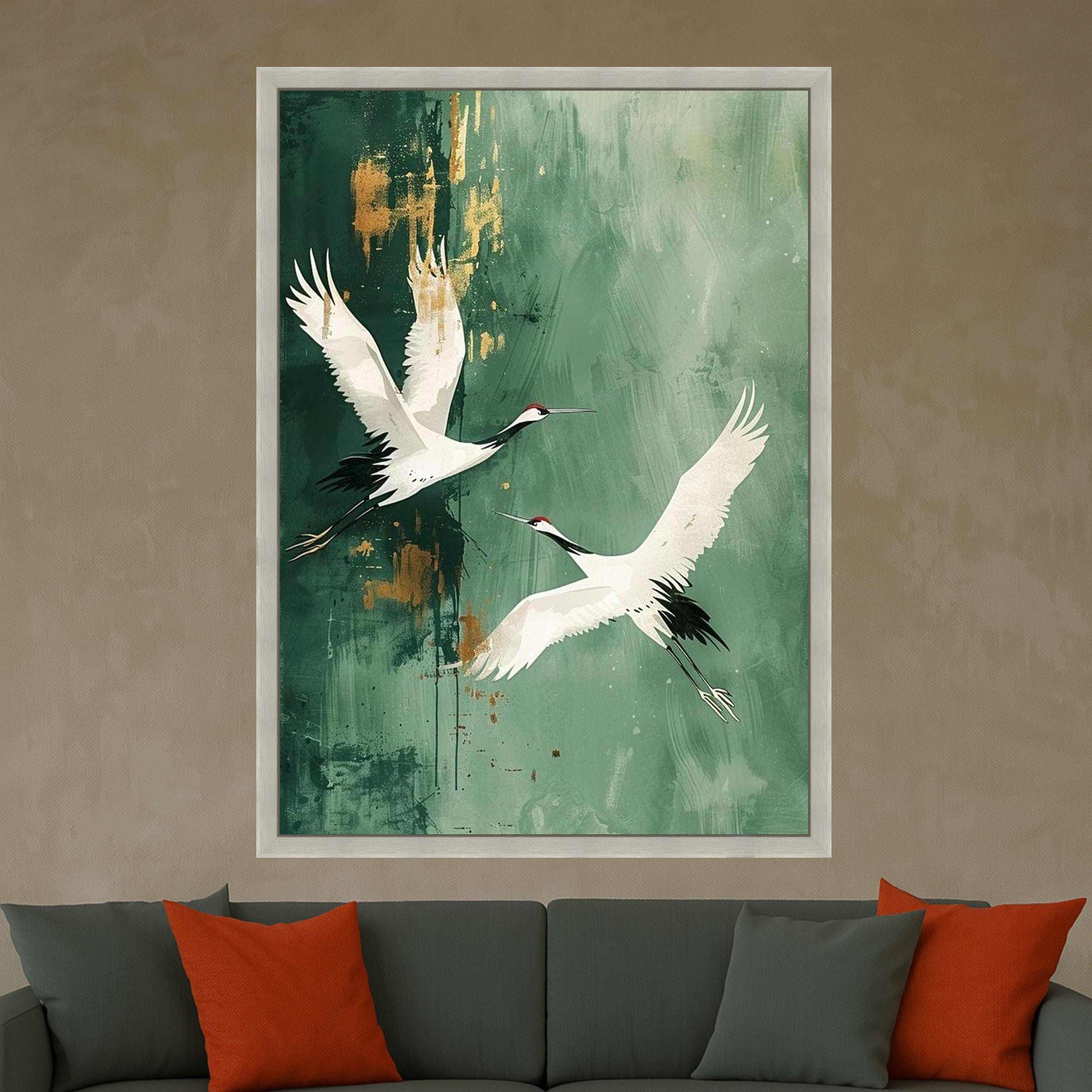 Red-Crowned Crane Canvas Print – Japanese Crane Wall Art on Green, Minimalist Nature Wall Decoration, Ready to Hang