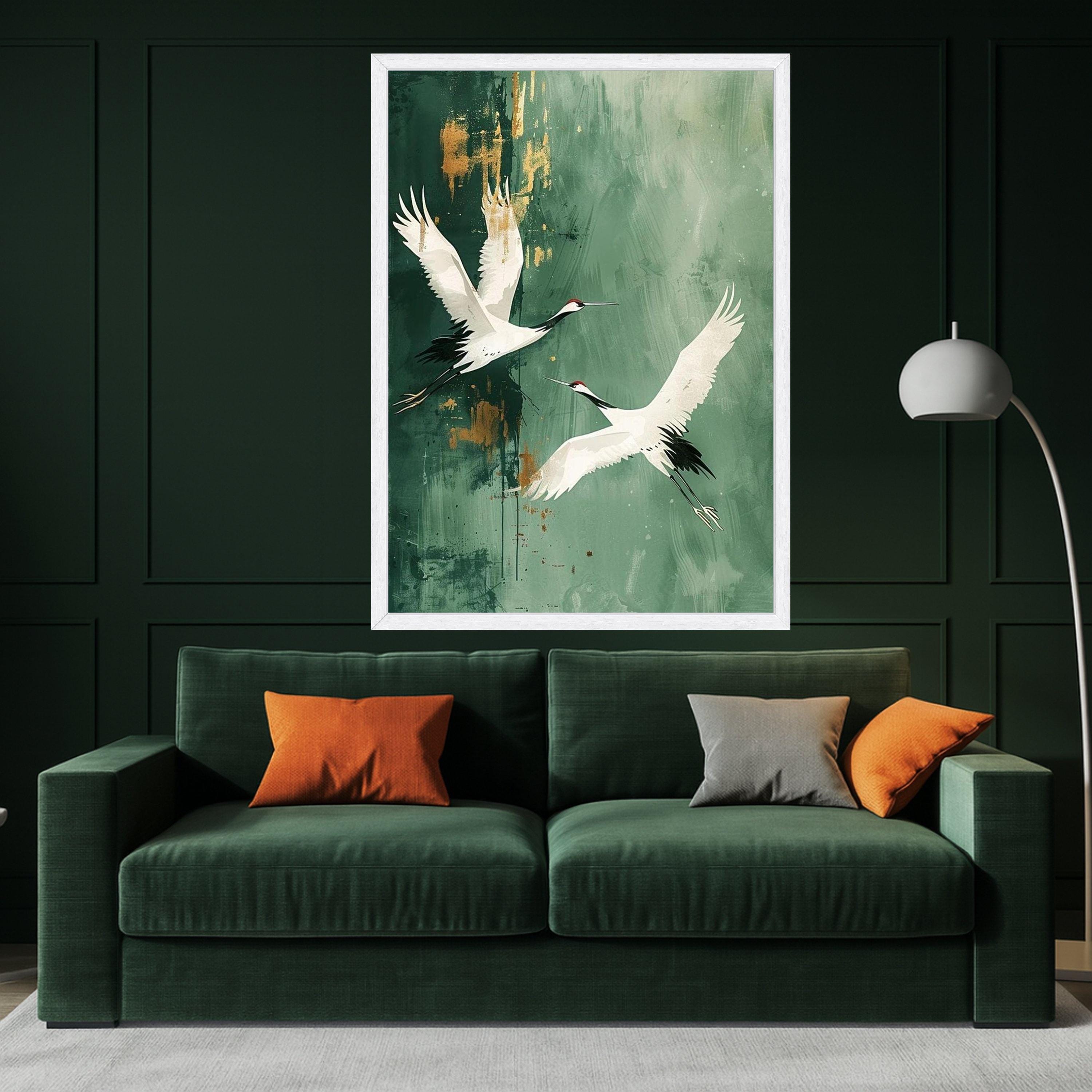 Red-Crowned Crane Canvas Print – Japanese Crane Wall Art on Green, Minimalist Nature Wall Decoration, Ready to Hang