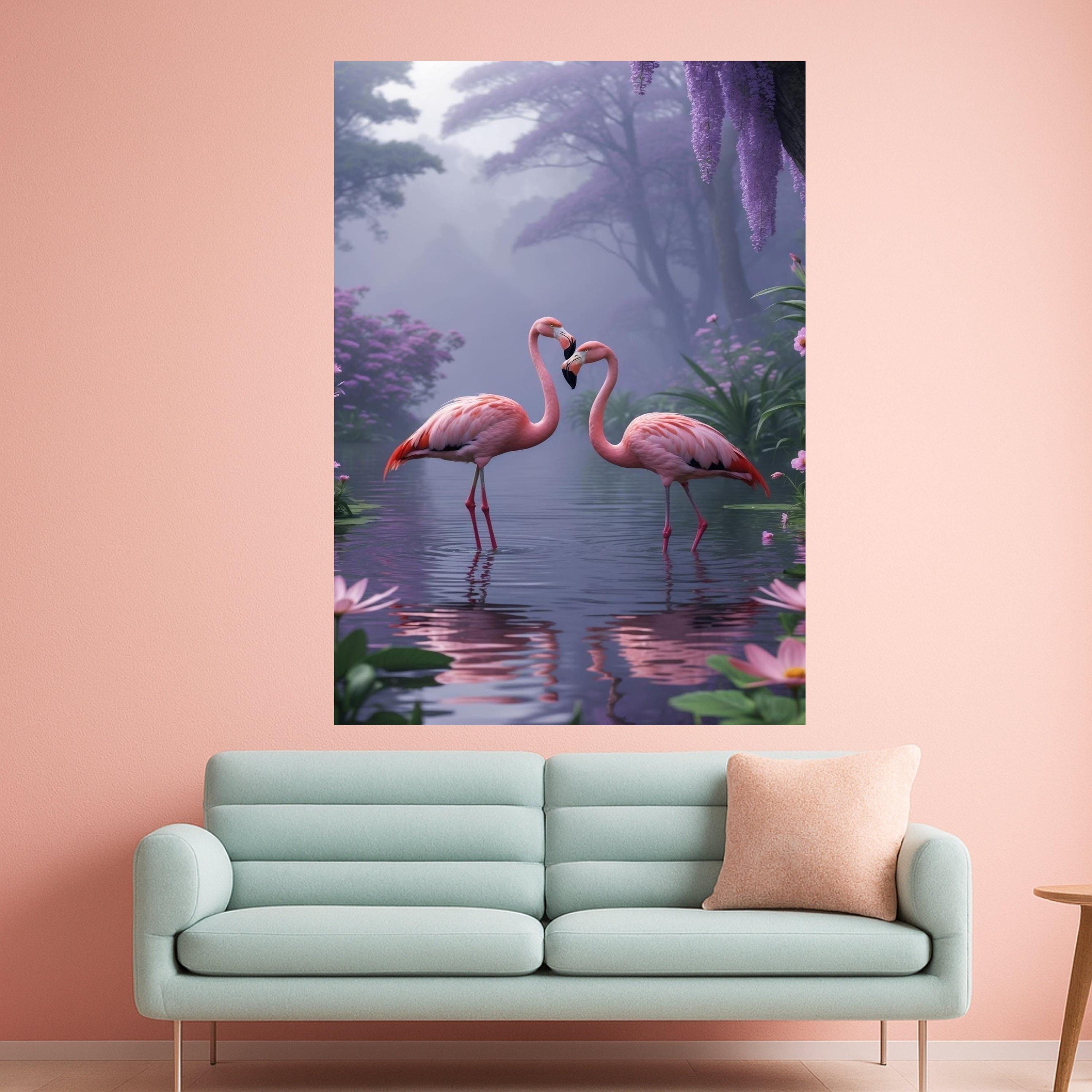 Romantic Flamingos Canvas Print – Misty Nature Wall Art – Pink Bird Wall Decor for Bedroom or Nursery – Ready to Hang Painting