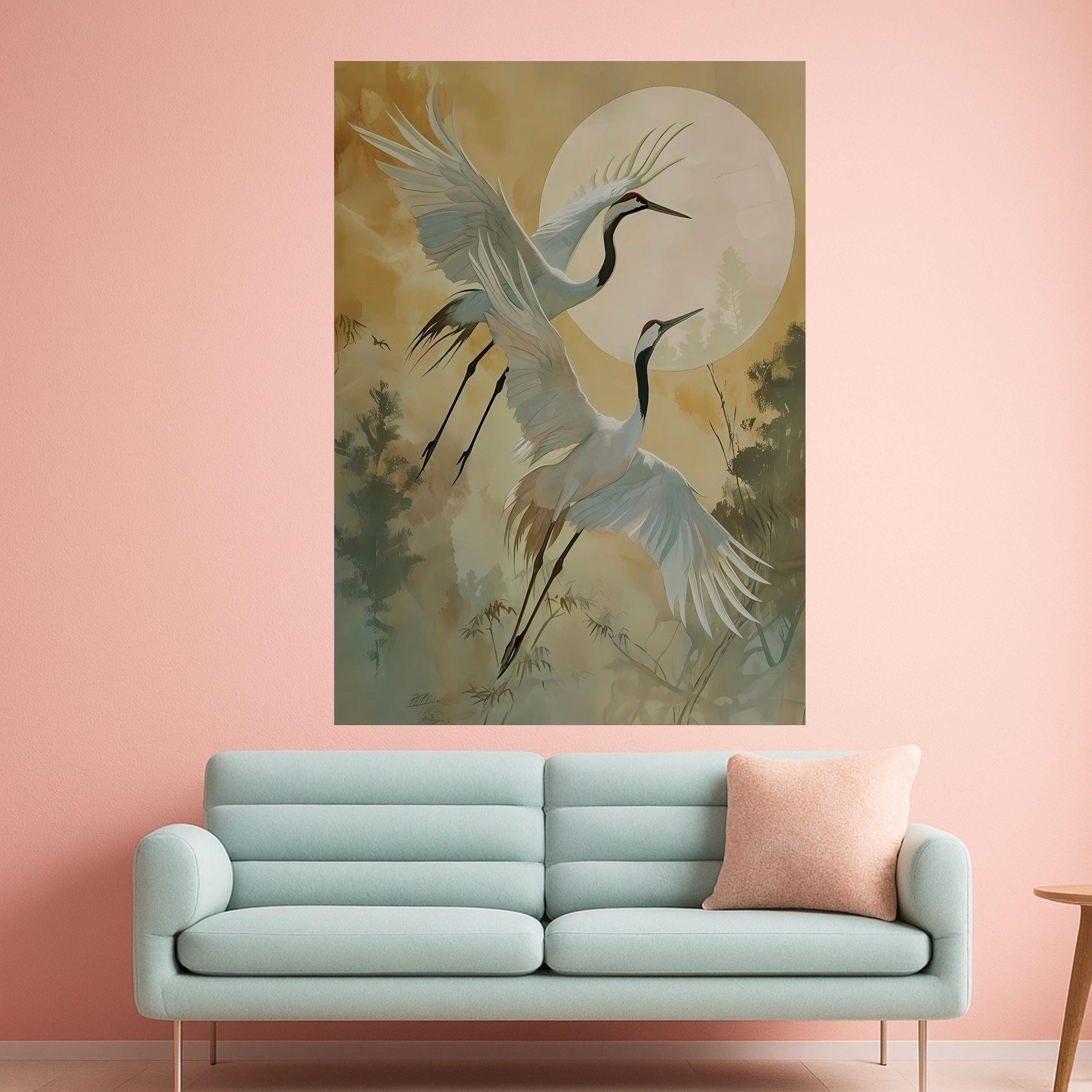Japanese Crane Canvas Print – Elegant Red Crowned Cranes Wall Art with Moon, Nature Wall Decoration, Zen Style Ready to Hang