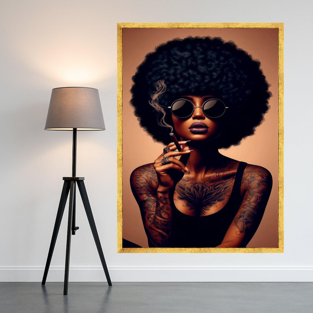 Afro Woman Canvas Print – Bold Tattooed Portrait Wall Art – Urban Chic Wall Decor – Ready to Hang Modern Attitude Painting