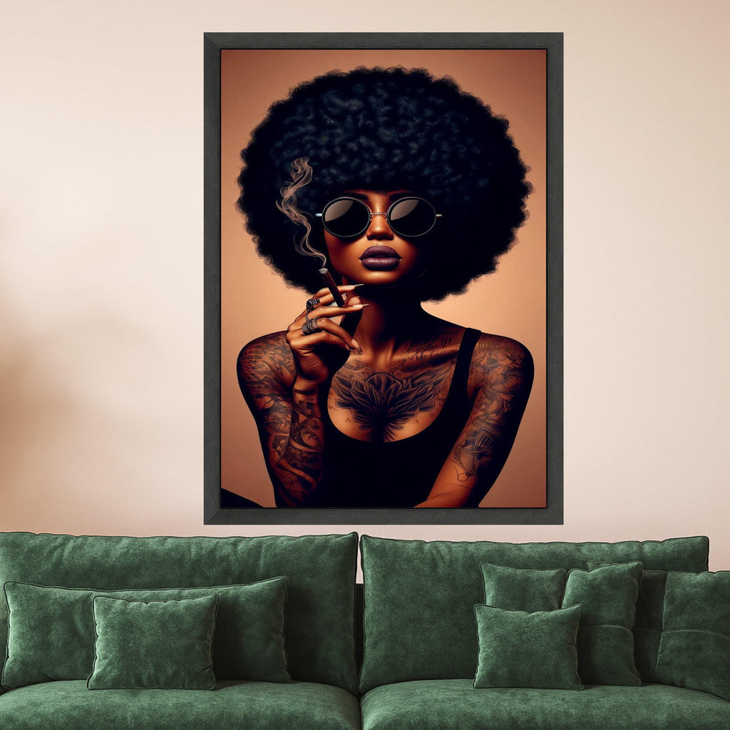 Afro Woman Canvas Print – Bold Tattooed Portrait Wall Art – Urban Chic Wall Decor – Ready to Hang Modern Attitude Painting