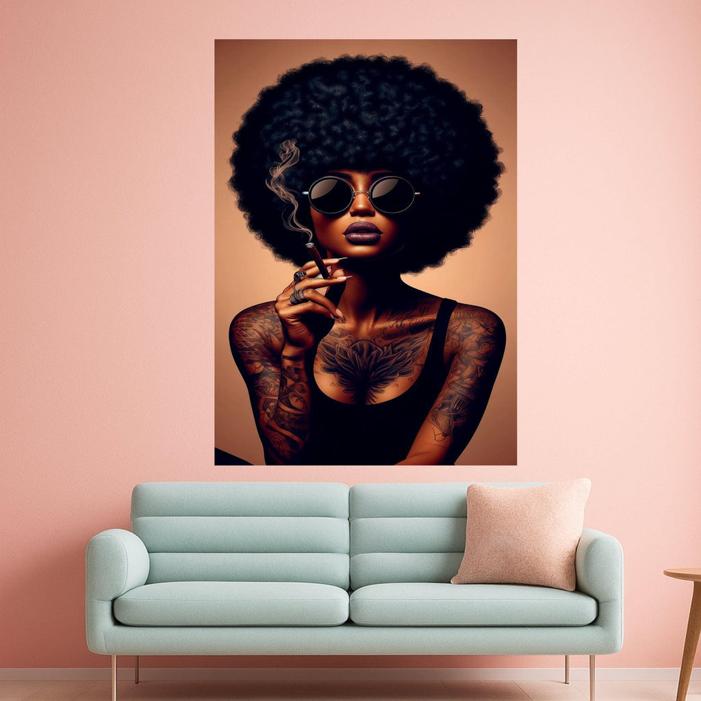 Afro Woman Canvas Print – Bold Tattooed Portrait Wall Art – Urban Chic Wall Decor – Ready to Hang Modern Attitude Painting