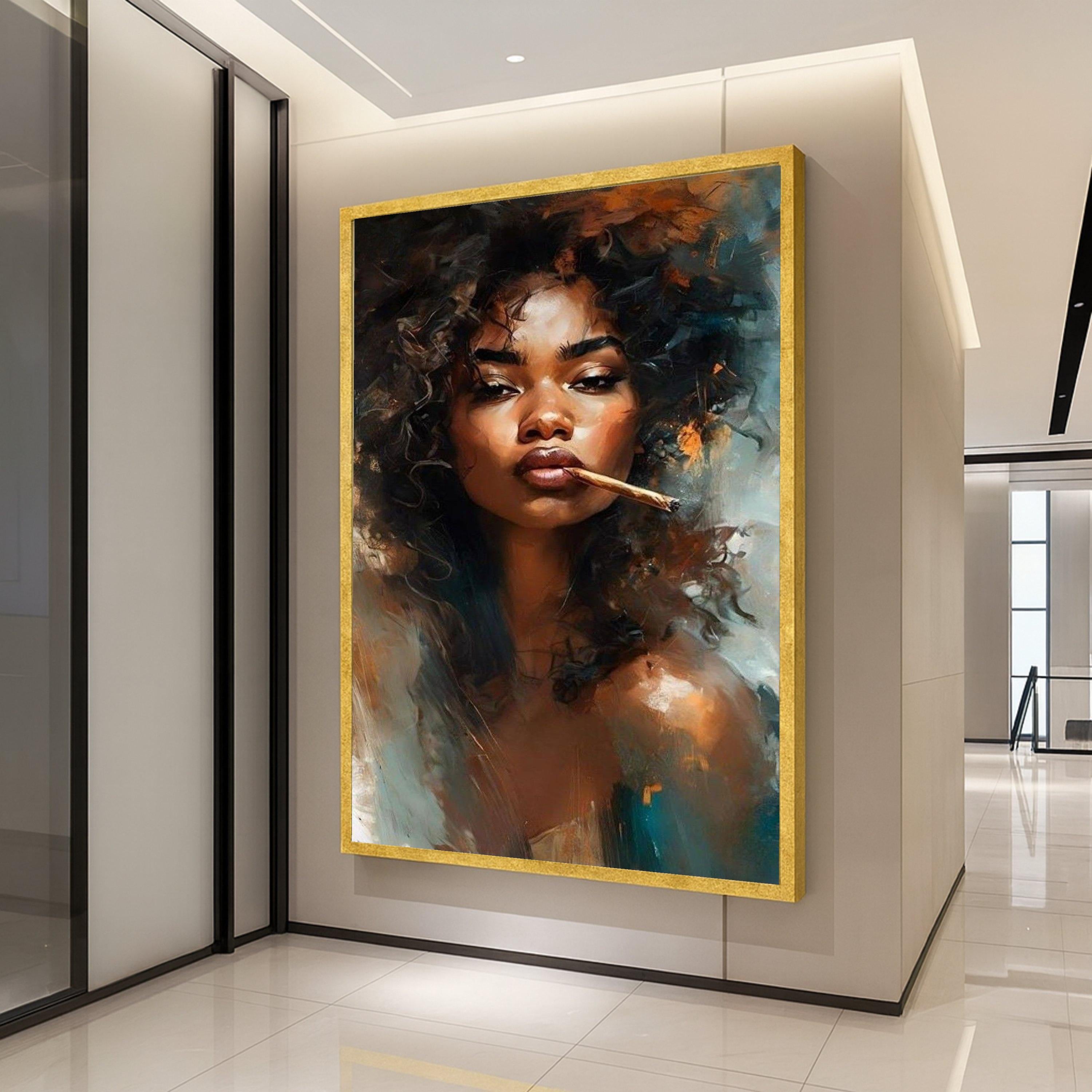 Bold Afro Woman Portrait Canvas, Modern Expression Art, Curly Hair Painting, Contemporary Wall Decor, Stylish Home Canvas Ready To Hang,