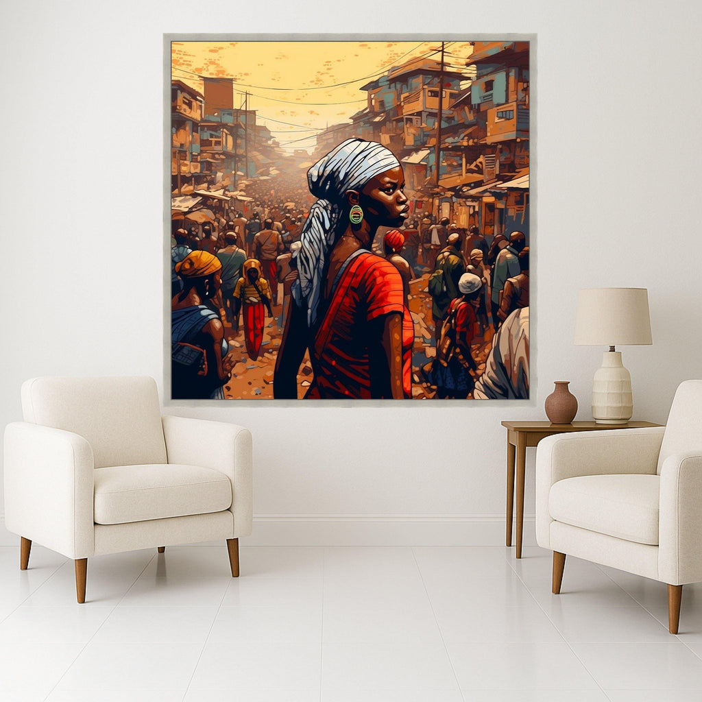 African Street Market Canvas Print – Bold Cultural Portrait Wall Art – Urban Wall Decor – Ready to Hang Afrocentric Painting