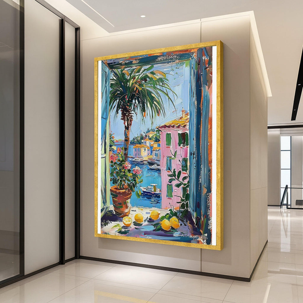 Coastal Mediterranean View Canvas, Window Scene Wall Art, Colorful Village Painting, Palm Tree and Lemons Canvas, Beach House Ready To Hang,