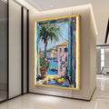 Coastal Mediterranean View Canvas, Window Scene Wall Art, Colorful Village Painting, Palm Tree and Lemons Canvas, Beach House Ready To Hang,