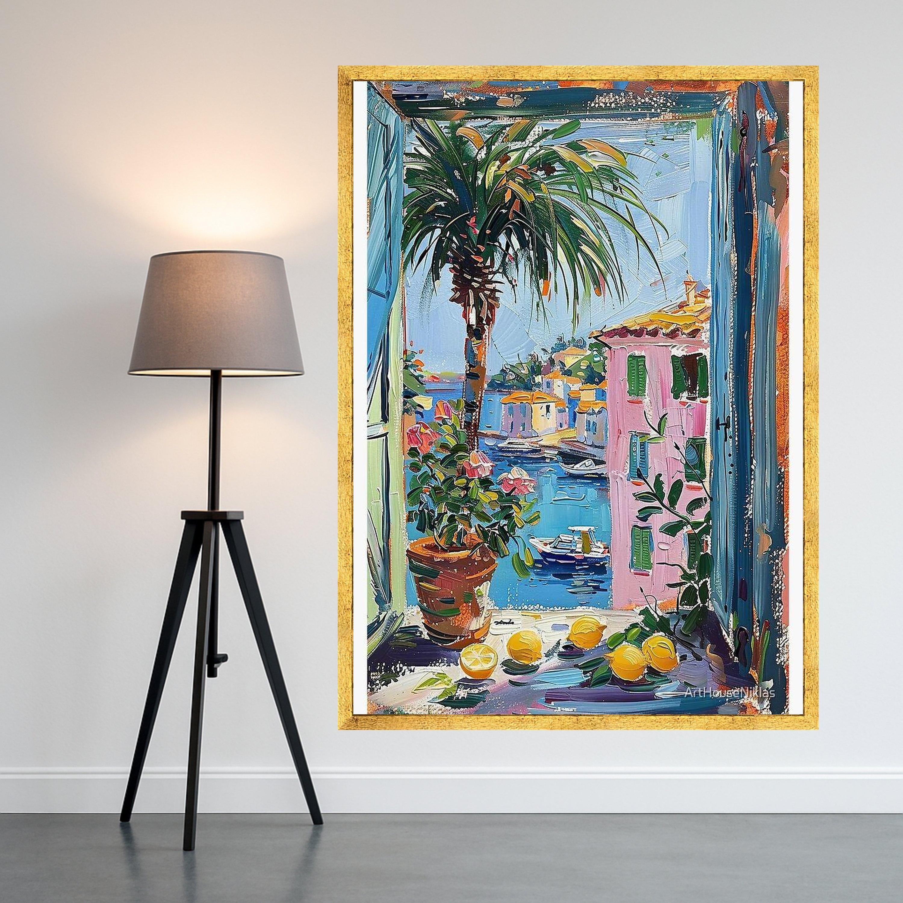 Coastal Mediterranean View Canvas, Window Scene Wall Art, Colorful Village Painting, Palm Tree and Lemons Canvas, Beach House Ready To Hang,