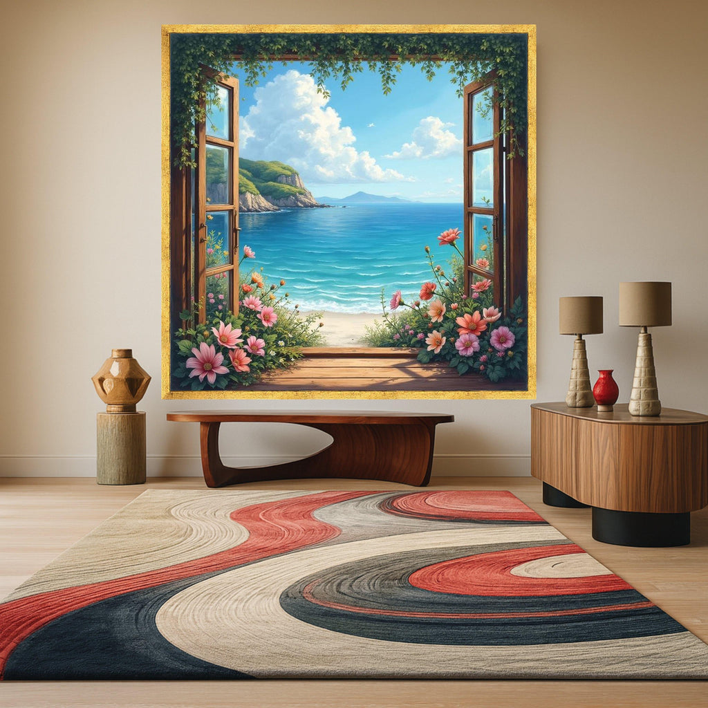 Coastal Ocean View Canvas, Open Window Wall Art, Beach Landscape Painting, Floral Garden Canvas, Seaside Decor, Ready To Hang,