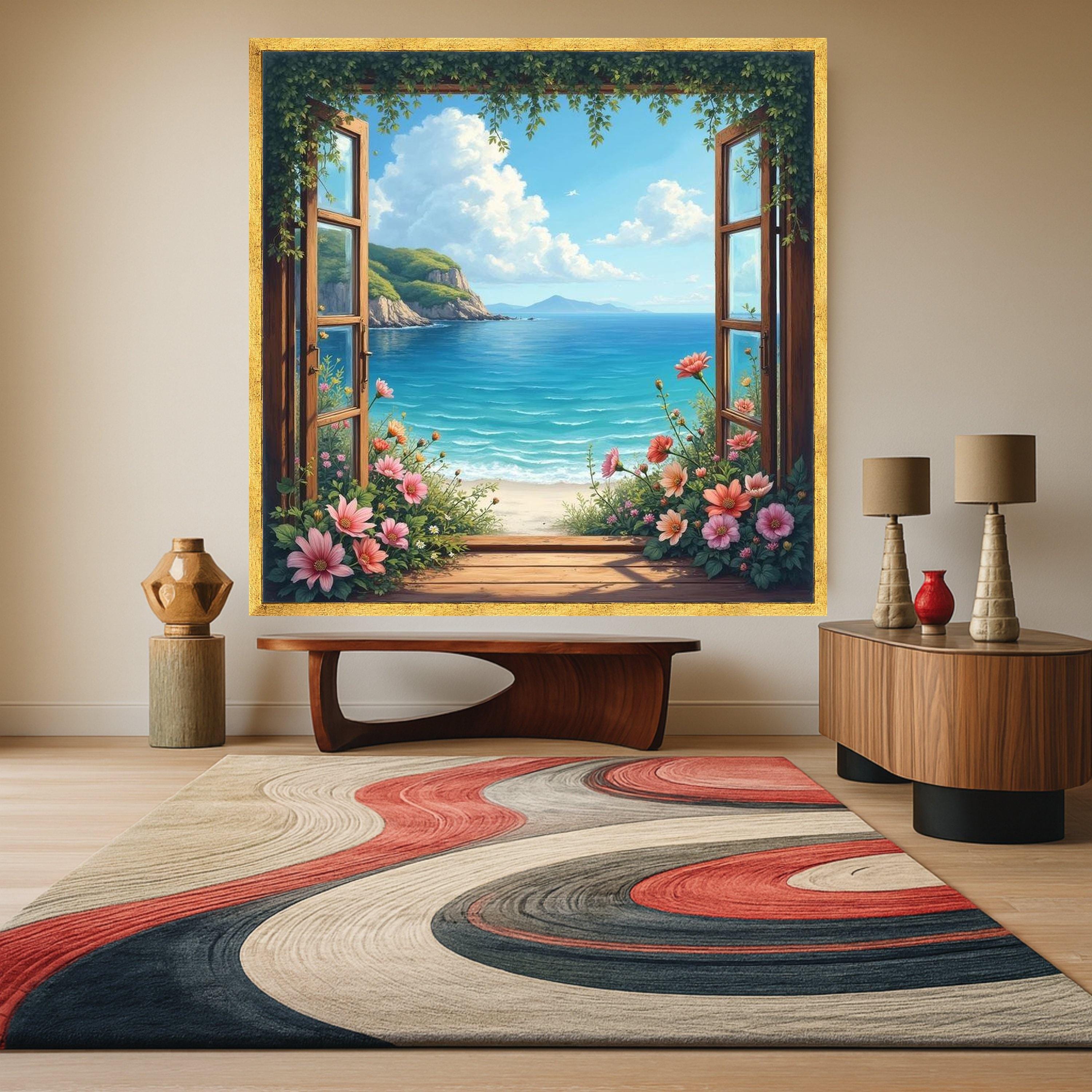 Coastal Ocean View Canvas, Open Window Wall Art, Beach Landscape Painting, Floral Garden Canvas, Seaside Decor, Ready To Hang,