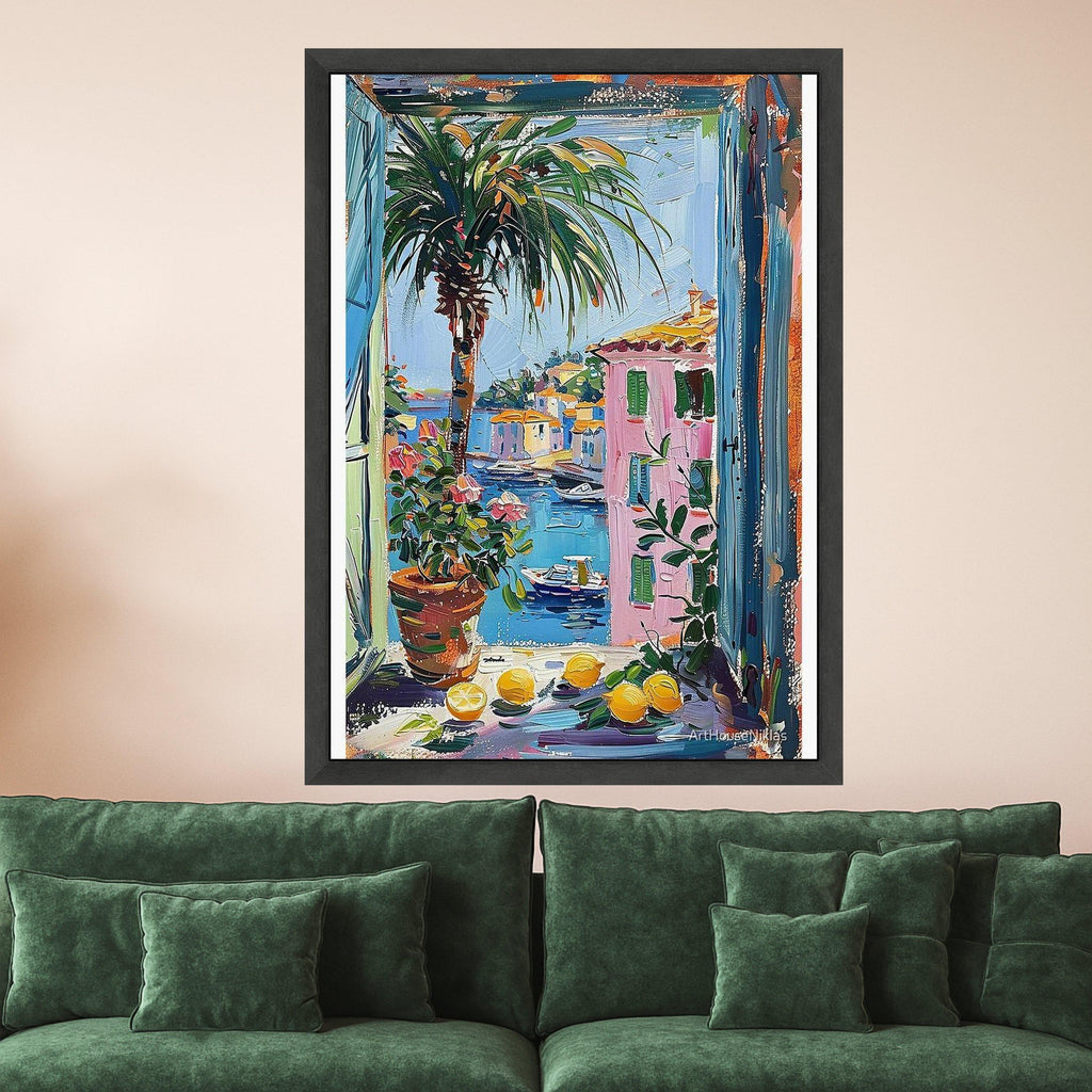 Coastal Mediterranean View Canvas, Window Scene Wall Art, Colorful Village Painting, Palm Tree and Lemons Canvas, Beach House Ready To Hang,