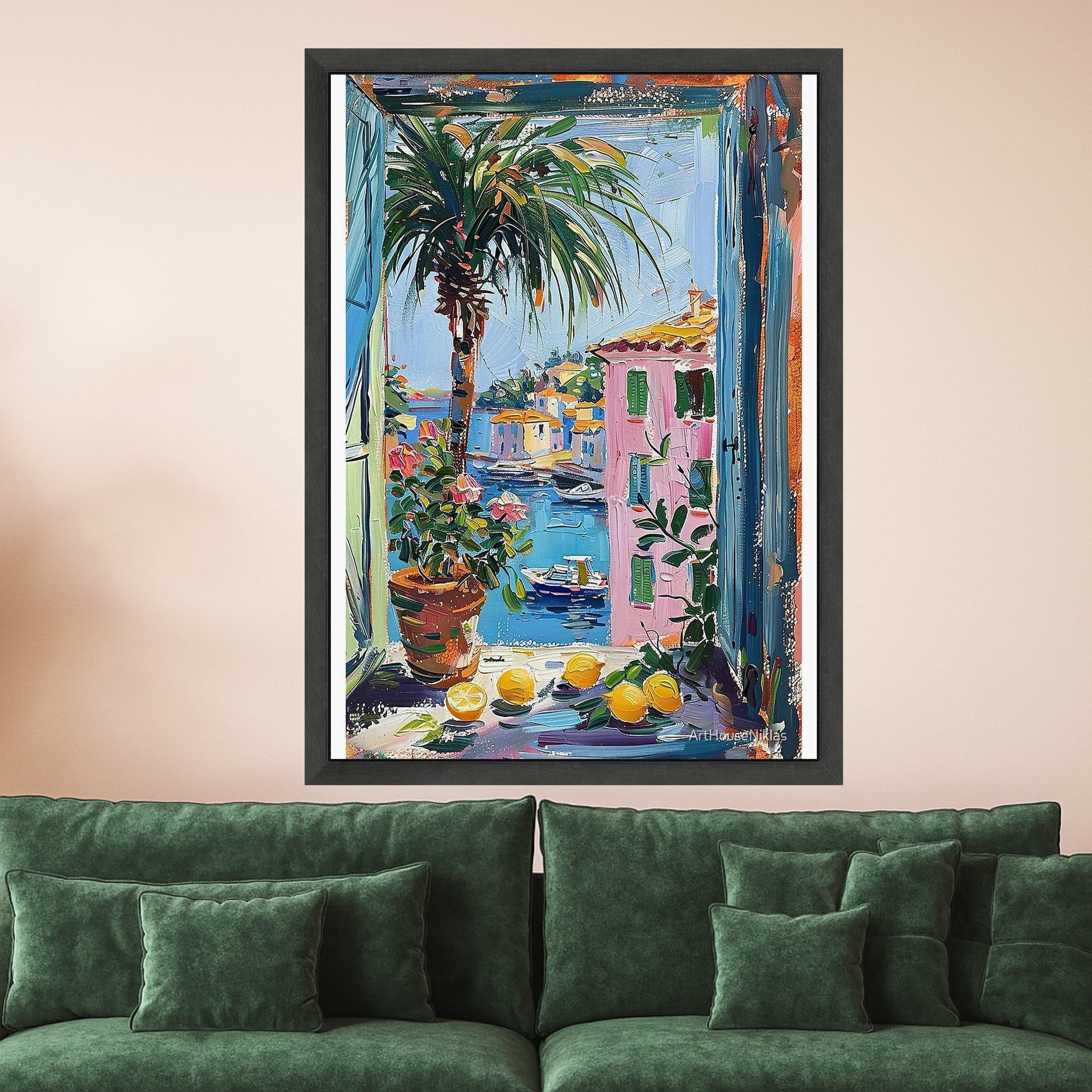 Coastal Mediterranean View Canvas, Window Scene Wall Art, Colorful Village Painting, Palm Tree and Lemons Canvas, Beach House Ready To Hang,