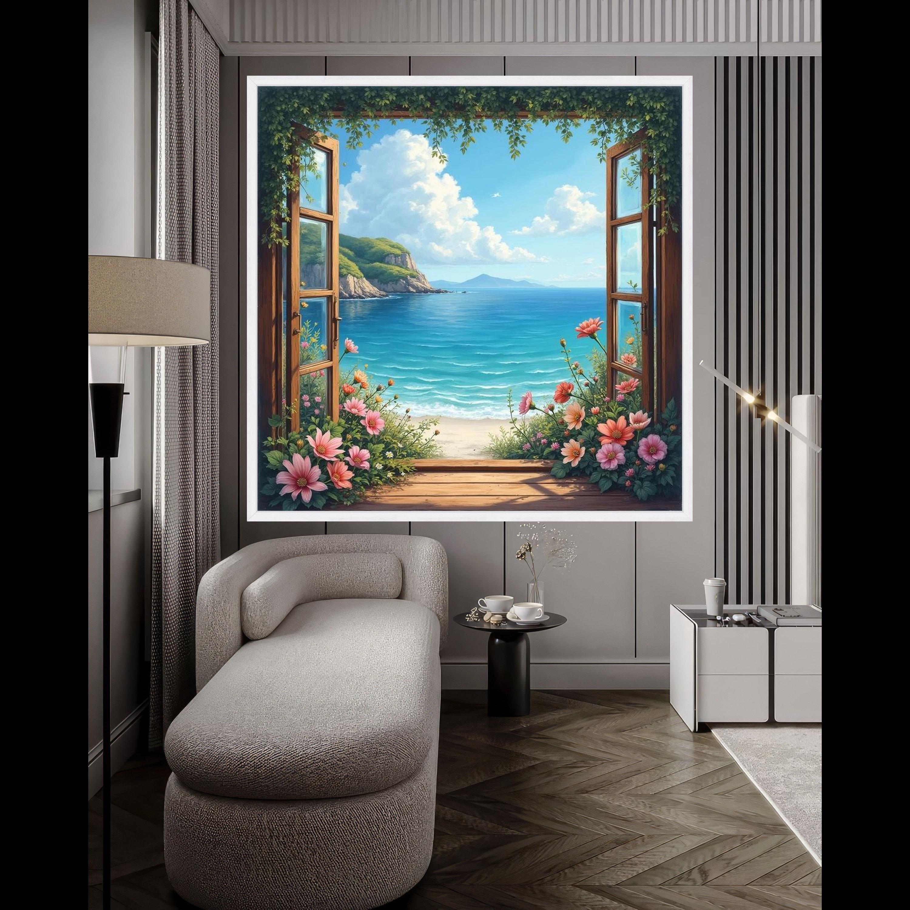 Coastal Ocean View Canvas, Open Window Wall Art, Beach Landscape Painting, Floral Garden Canvas, Seaside Decor, Ready To Hang,