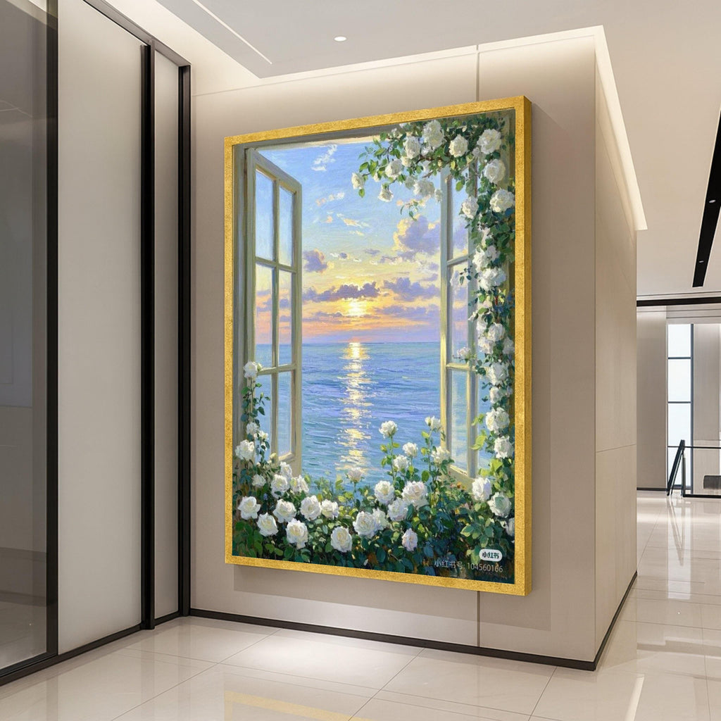 Ocean Sunset Window View Canvas Print – White Rose Floral Wall Art, Romantic Coastal Wall Decor, Serene Seaside Scene, Ready to Hang