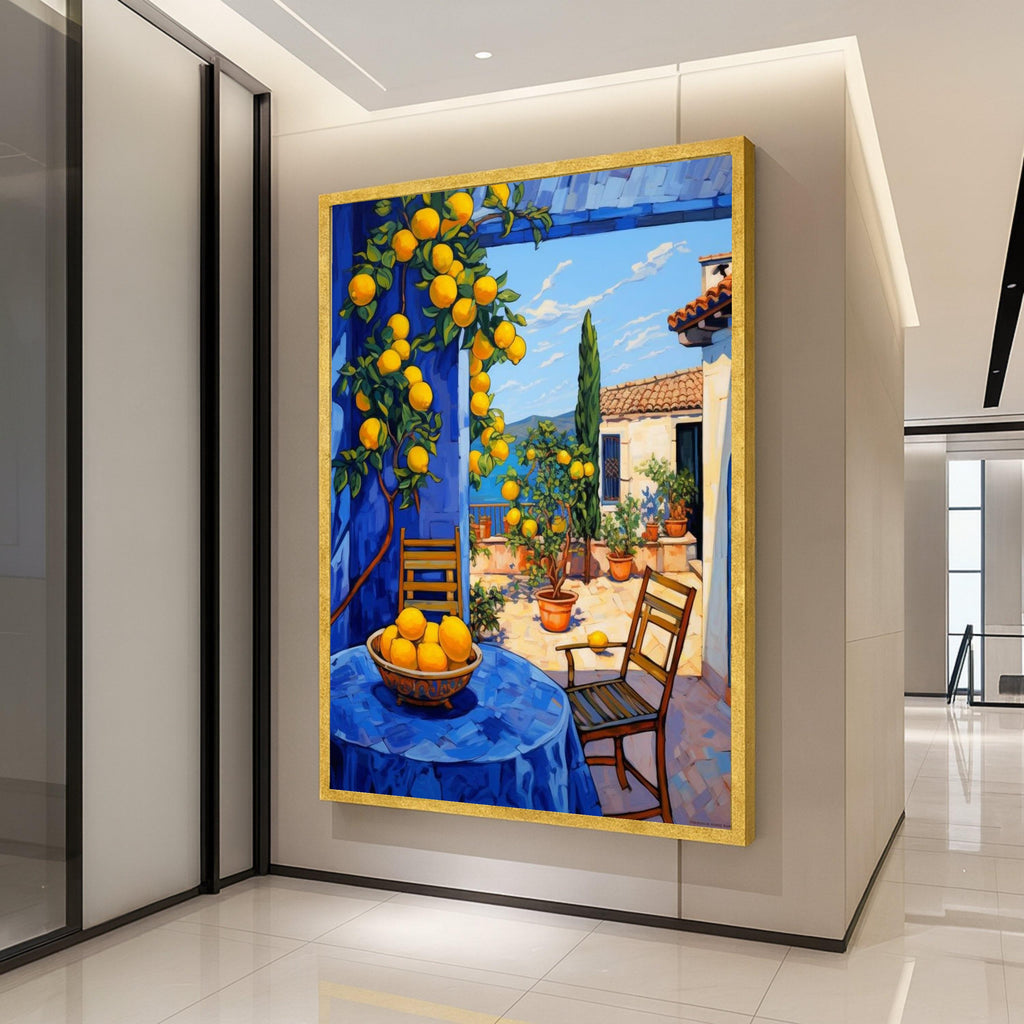 Mediterranean Lemon Grove Canvas, Sunny Patio Wall Art, Citrus Fruit Tree Painting, Coastal Home Decor, Vibrant Outdoor Scene Ready To Hang,