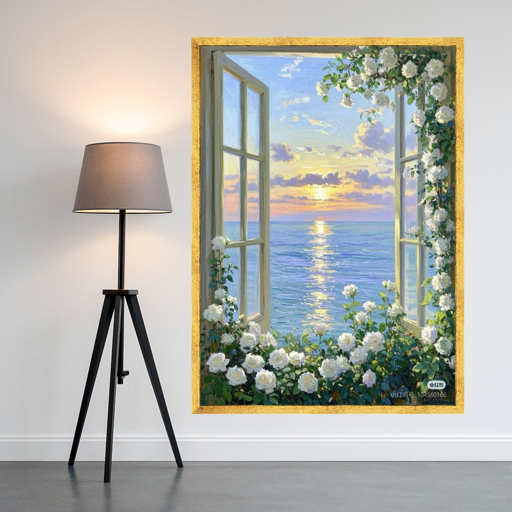 Ocean Sunset Window View Canvas Print – White Rose Floral Wall Art, Romantic Coastal Wall Decor, Serene Seaside Scene, Ready to Hang