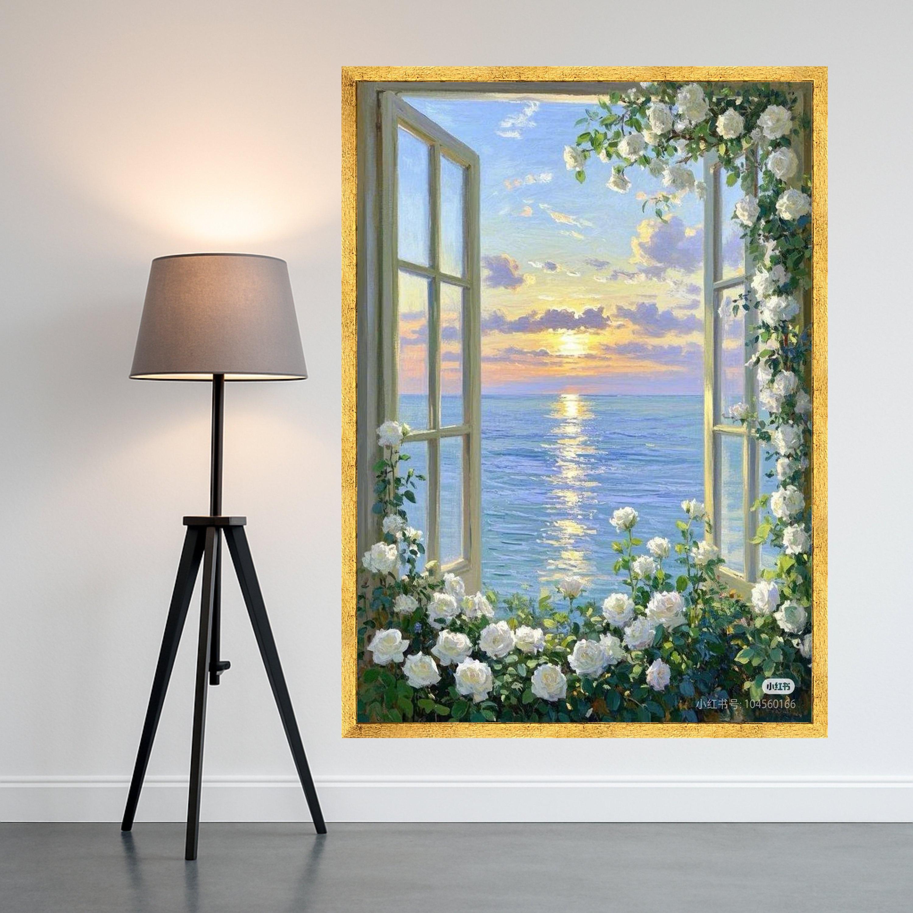 Ocean Sunset Window View Canvas Print – White Rose Floral Wall Art, Romantic Coastal Wall Decor, Serene Seaside Scene, Ready to Hang