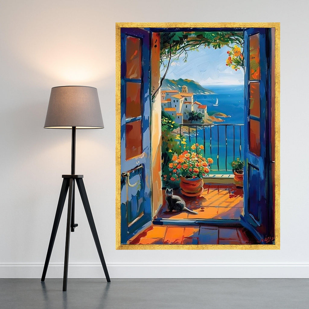 Mediterranean Coastal View Canvas, Open Door Balcony Scene, Flower Pots and Cat Wall Art, Seaside Landscape Painting, Vibrant Ready To Hang,