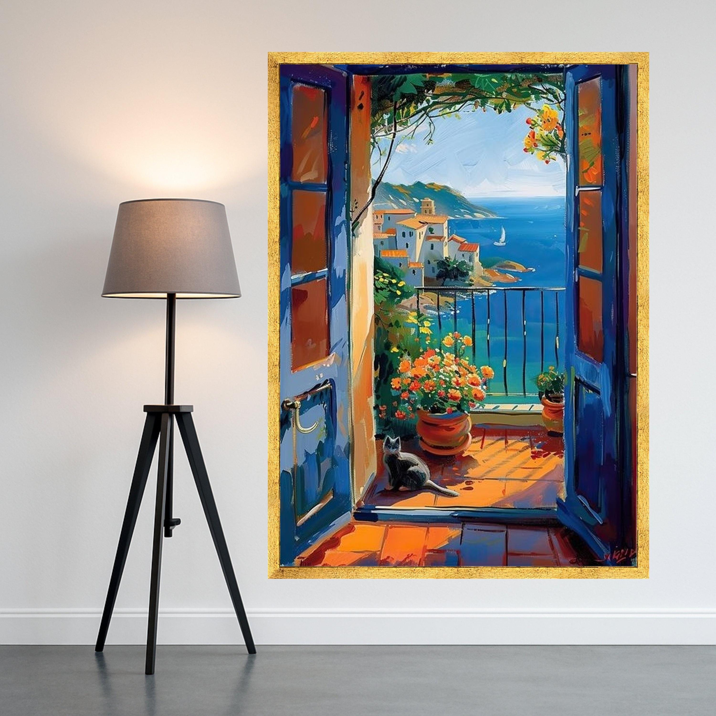 Mediterranean Coastal View Canvas, Open Door Balcony Scene, Flower Pots and Cat Wall Art, Seaside Landscape Painting, Vibrant Ready To Hang,