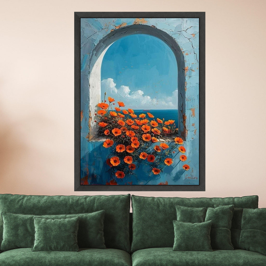 Mediterranean Archway Canvas Wall Art – Coastal Ocean View Painting, Floral Summer Wall Decor, Wall Art Ready to Hang