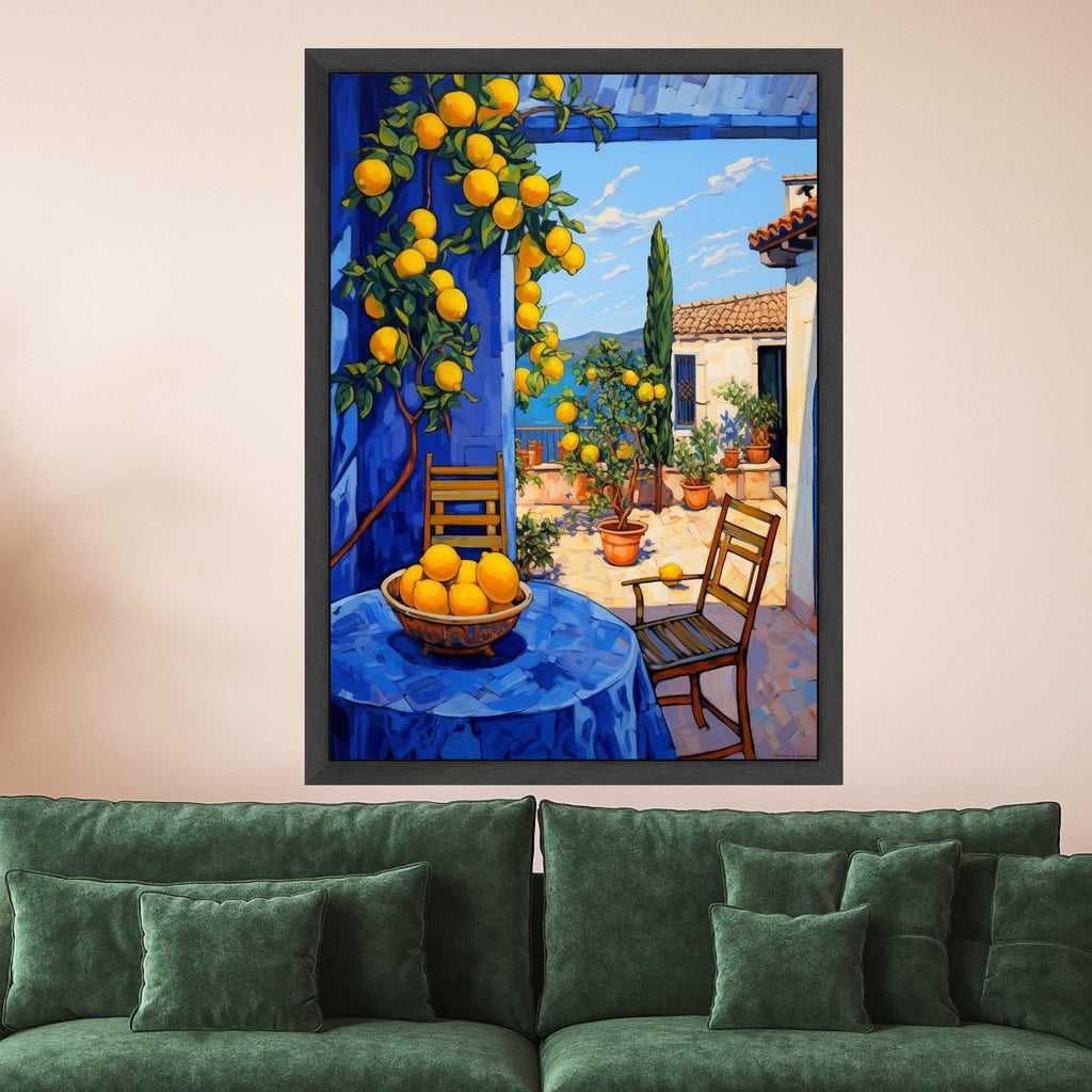 Mediterranean Lemon Grove Canvas, Sunny Patio Wall Art, Citrus Fruit Tree Painting, Coastal Home Decor, Vibrant Outdoor Scene Ready To Hang,