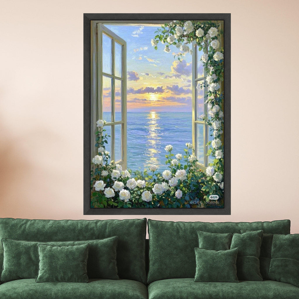 Ocean Sunset Window View Canvas Print – White Rose Floral Wall Art, Romantic Coastal Wall Decor, Serene Seaside Scene, Ready to Hang