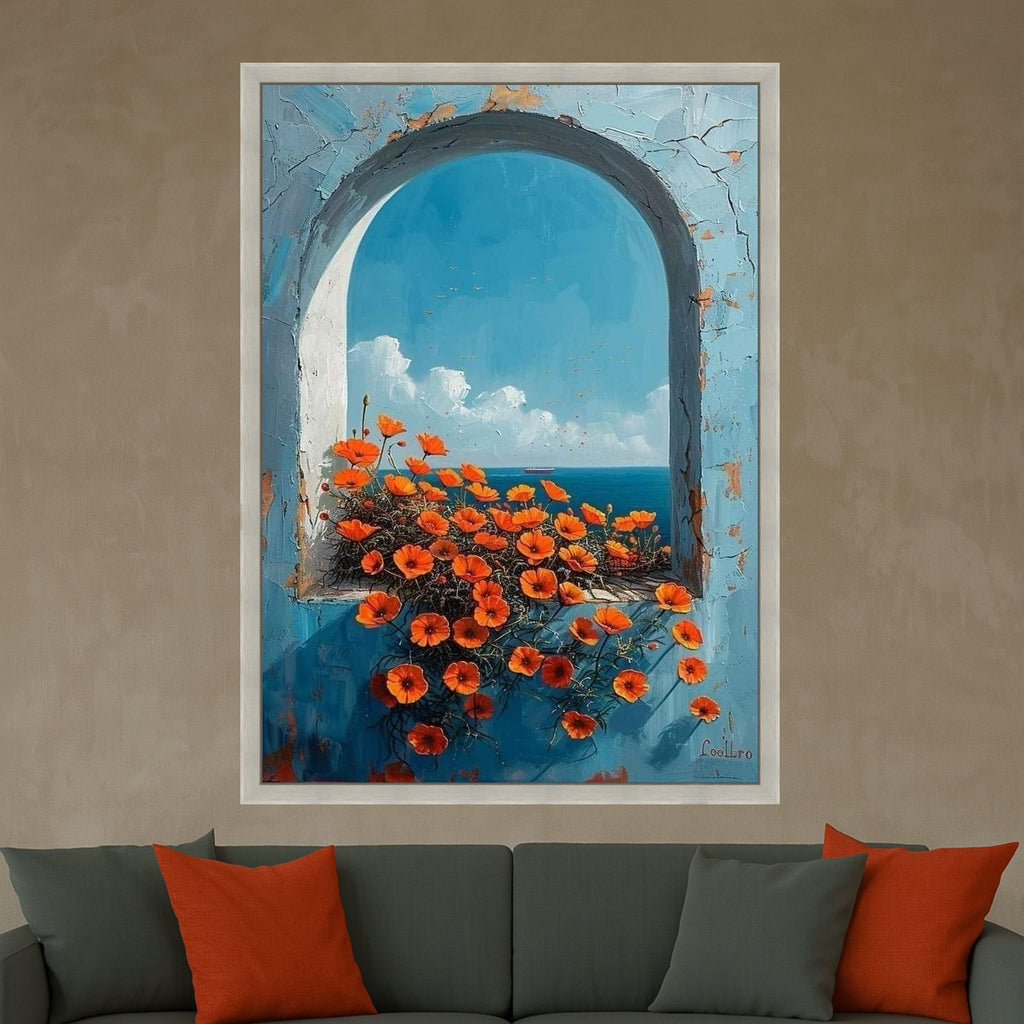 Mediterranean Archway Canvas Wall Art – Coastal Ocean View Painting, Floral Summer Wall Decor, Wall Art Ready to Hang