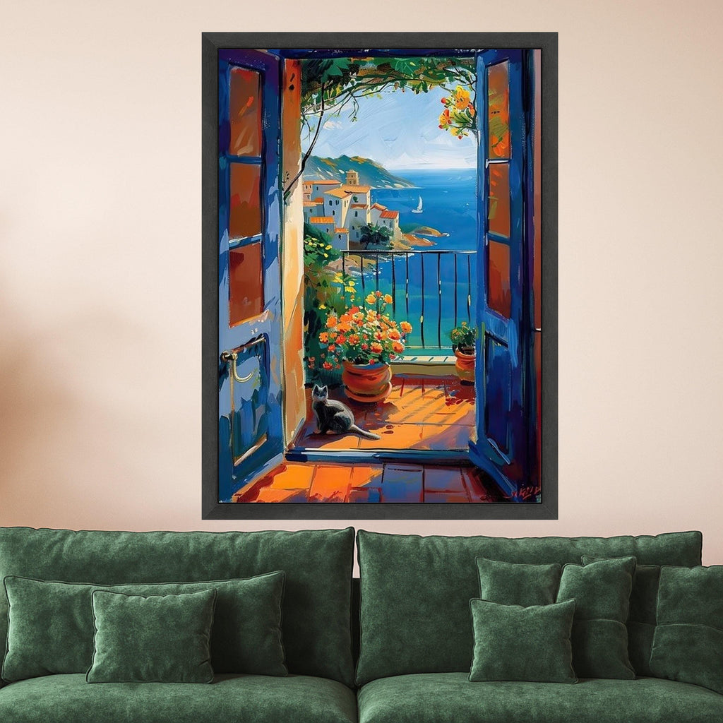 Mediterranean Coastal View Canvas, Open Door Balcony Scene, Flower Pots and Cat Wall Art, Seaside Landscape Painting, Vibrant Ready To Hang,