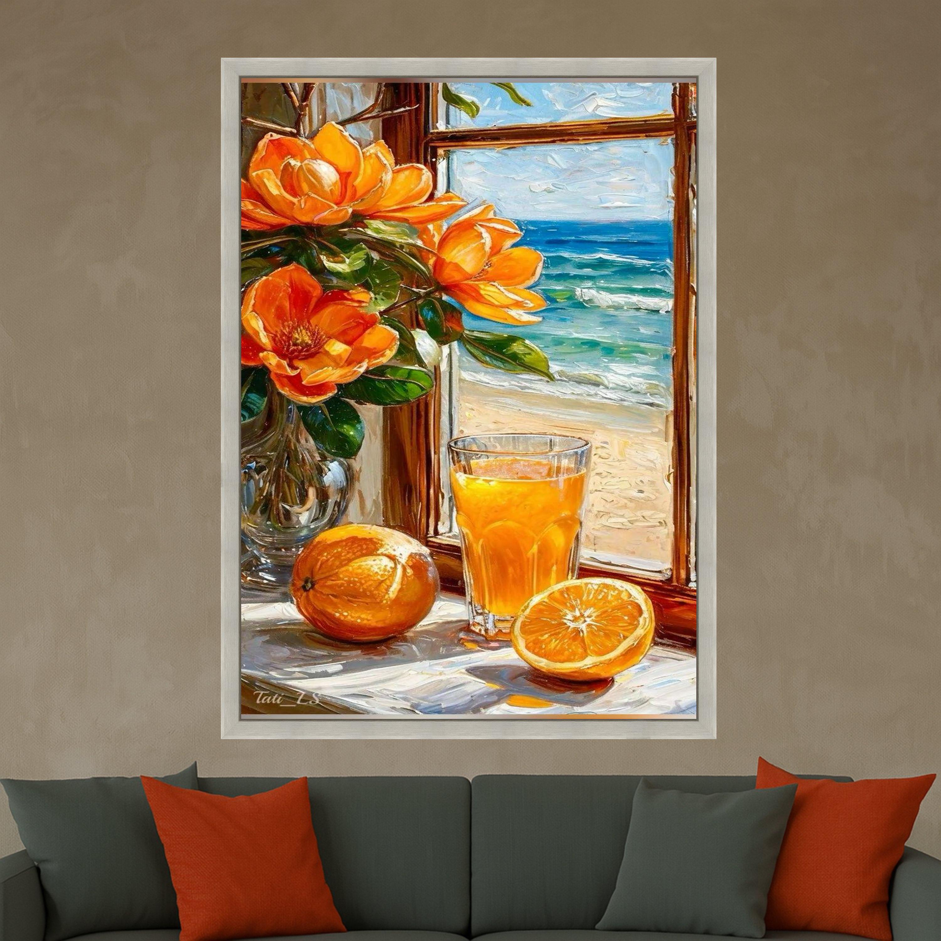 Beach Still Life Canvas Print – Orange Juice & Flower Wall Art – Summer Coastal Wall Decor – Ready to Hang Bright Painting