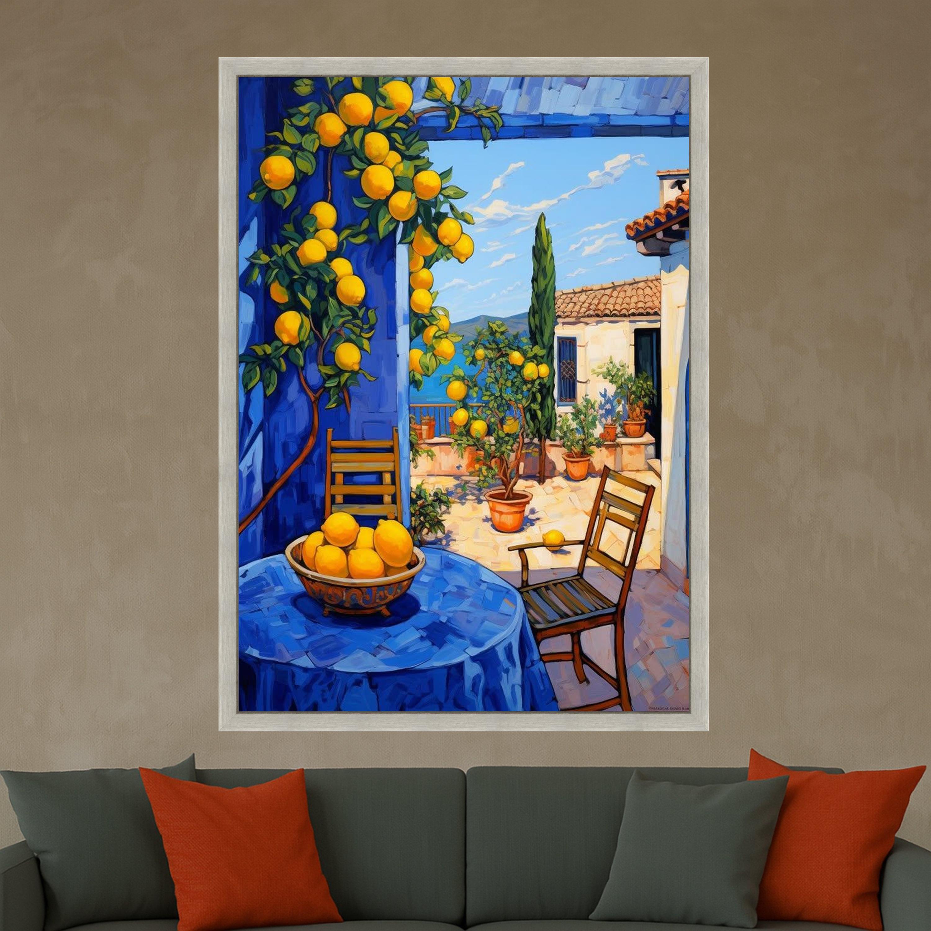Mediterranean Lemon Grove Canvas, Sunny Patio Wall Art, Citrus Fruit Tree Painting, Coastal Home Decor, Vibrant Outdoor Scene Ready To Hang,