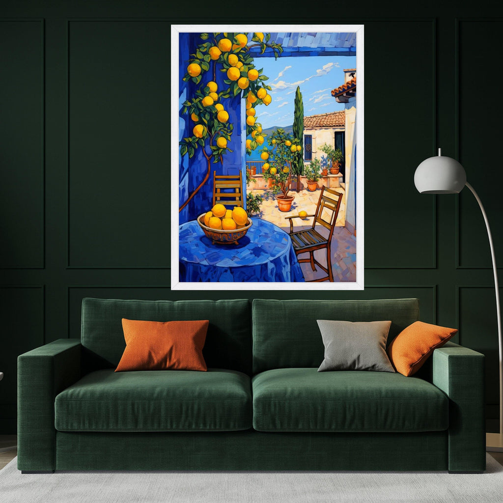 Mediterranean Lemon Grove Canvas, Sunny Patio Wall Art, Citrus Fruit Tree Painting, Coastal Home Decor, Vibrant Outdoor Scene Ready To Hang,