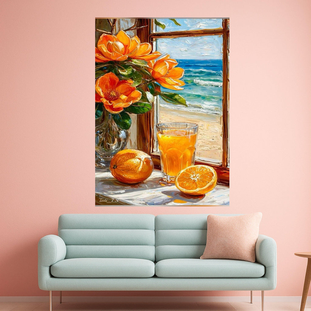 Beach Still Life Canvas Print – Orange Juice & Flower Wall Art – Summer Coastal Wall Decor – Ready to Hang Bright Painting