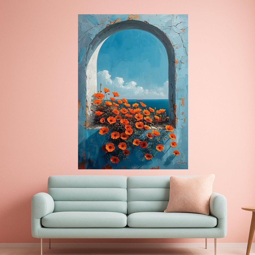 Mediterranean Archway Canvas Wall Art – Coastal Ocean View Painting, Floral Summer Wall Decor, Wall Art Ready to Hang