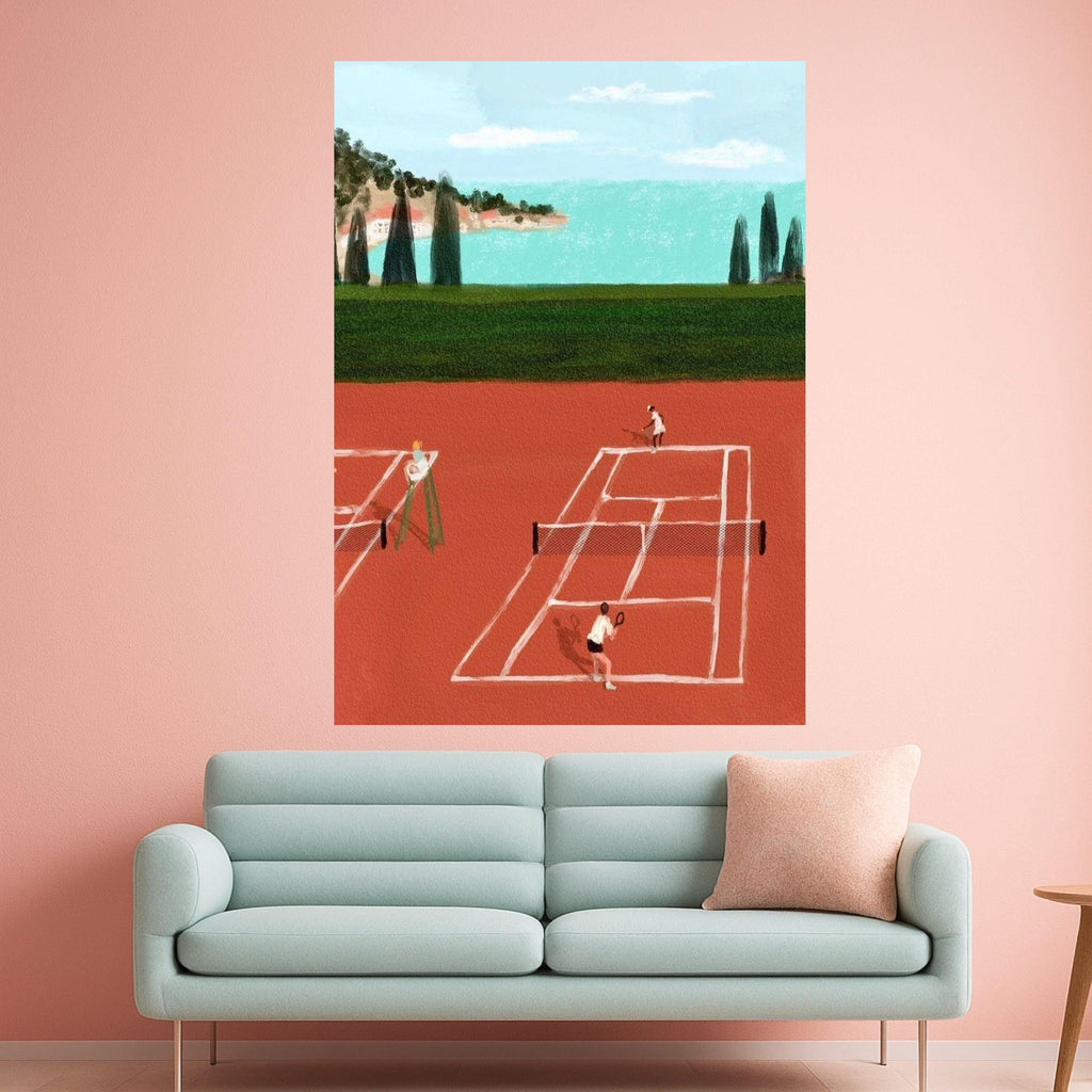 Tennis Match on Clay Court Canvas, Sport Wall Art, Outdoor Activity Decor, Coastal Landscape Painting, Modern Athletic Canvas Ready To Hang,