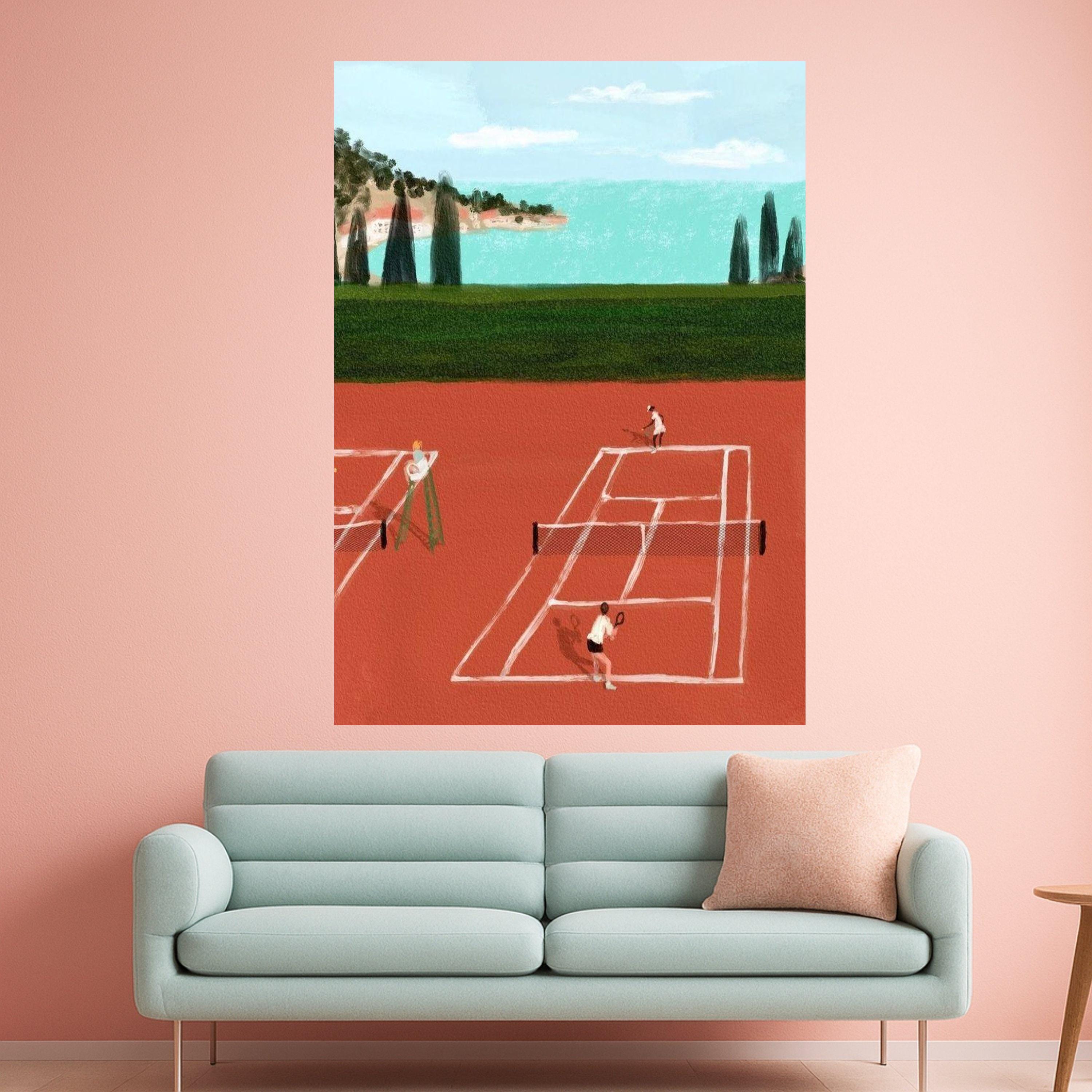 Tennis Match on Clay Court Canvas, Sport Wall Art, Outdoor Activity Decor, Coastal Landscape Painting, Modern Athletic Canvas Ready To Hang,
