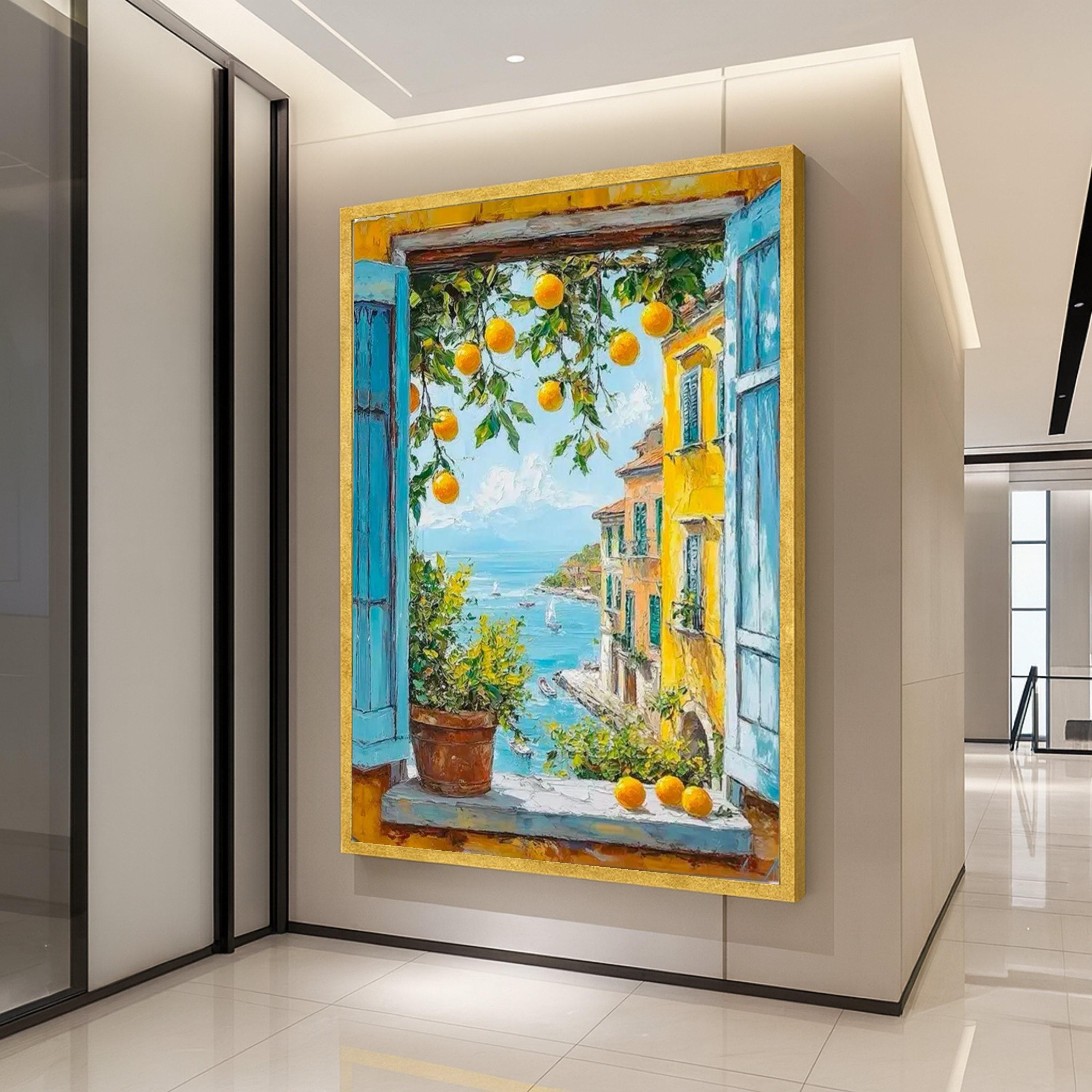 Mediterranean Window View Canvas Print – Orange Tree Wall Art, Coastal Village Wall Decor, Seaside Summer Scene, Ready to Hang