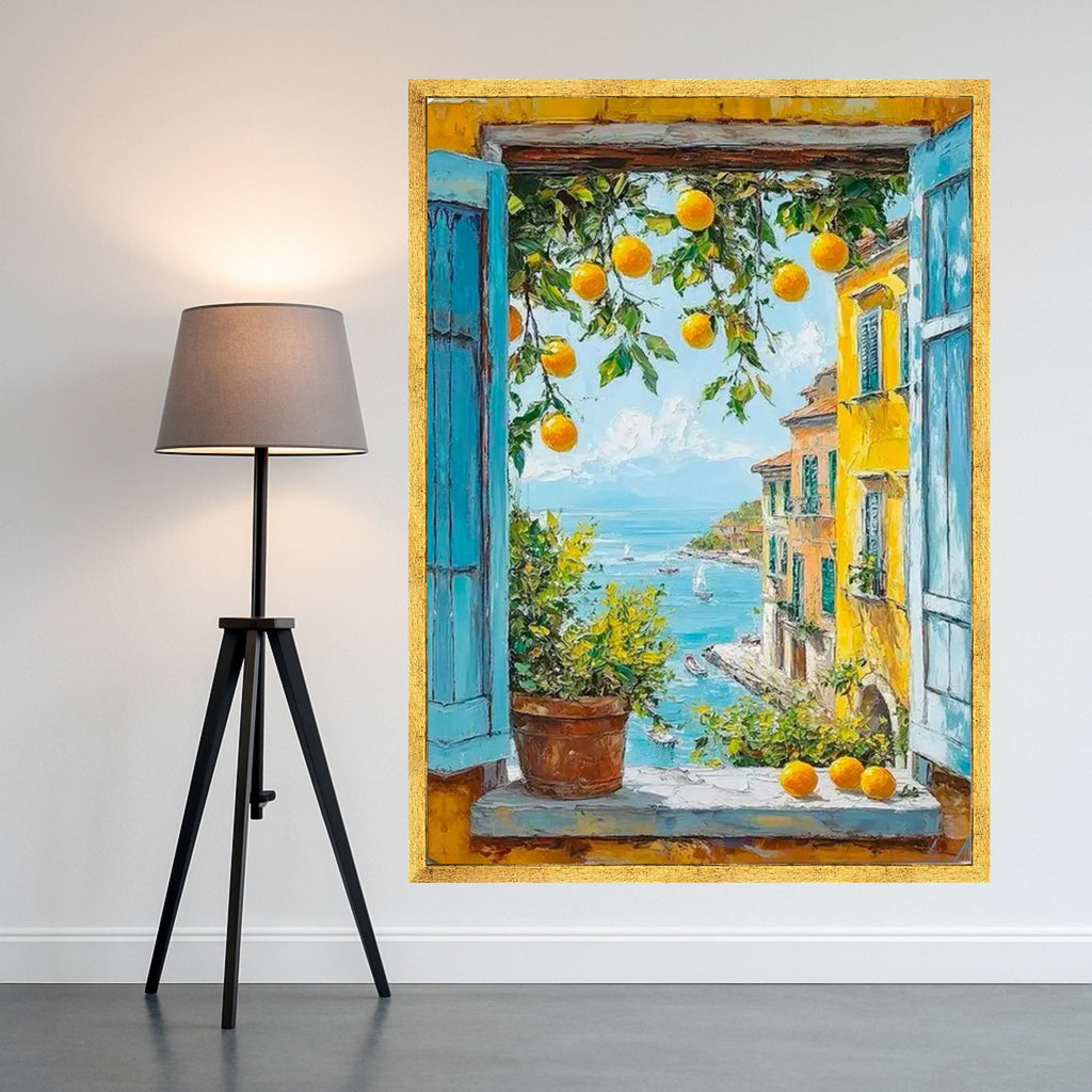 Mediterranean Window View Canvas Print – Orange Tree Wall Art, Coastal Village Wall Decor, Seaside Summer Scene, Ready to Hang