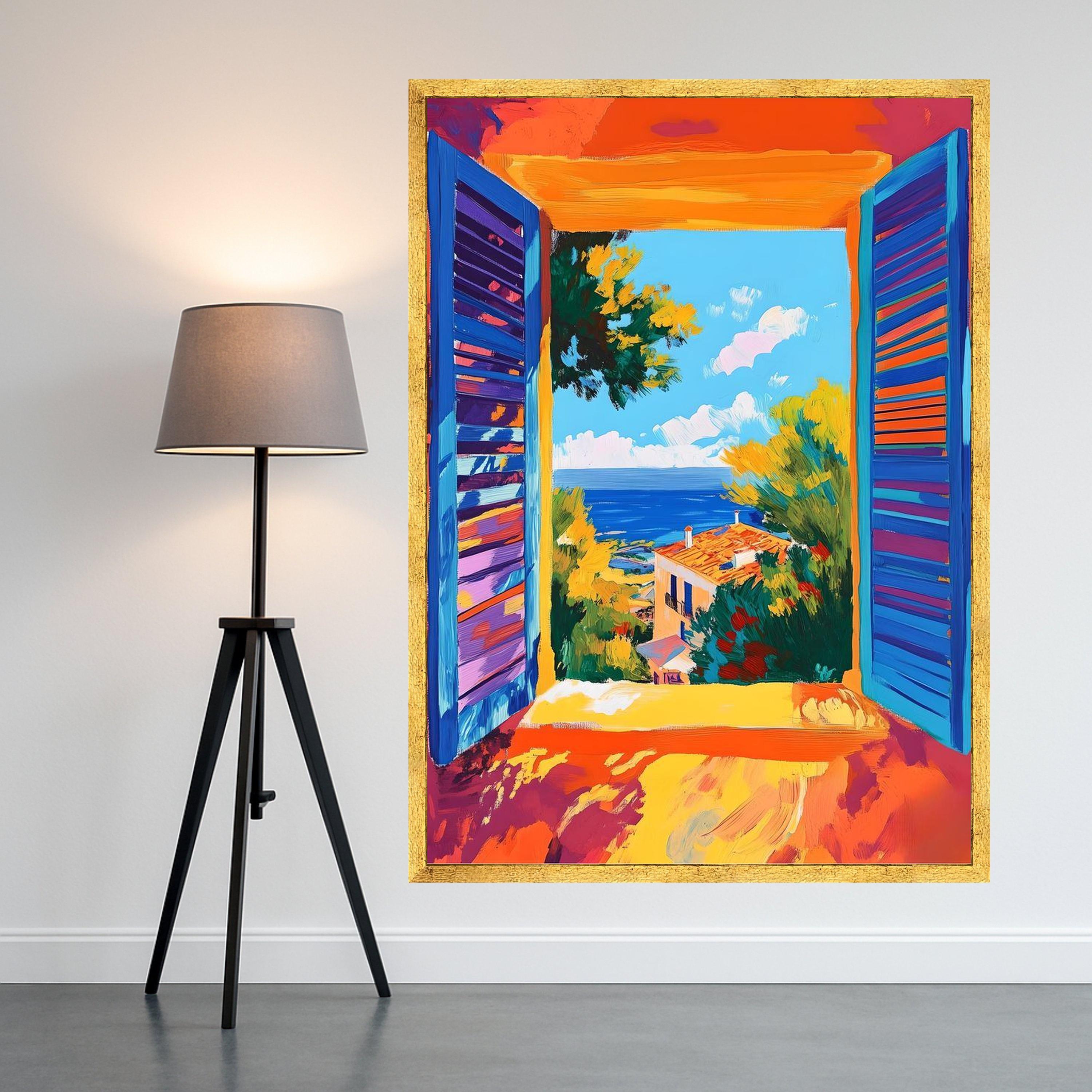 Mediterranean Window Canvas Print – Colorful Seaside Wall Art – Coastal Wall Decor – Ready to Hang Vibrant Home Painting