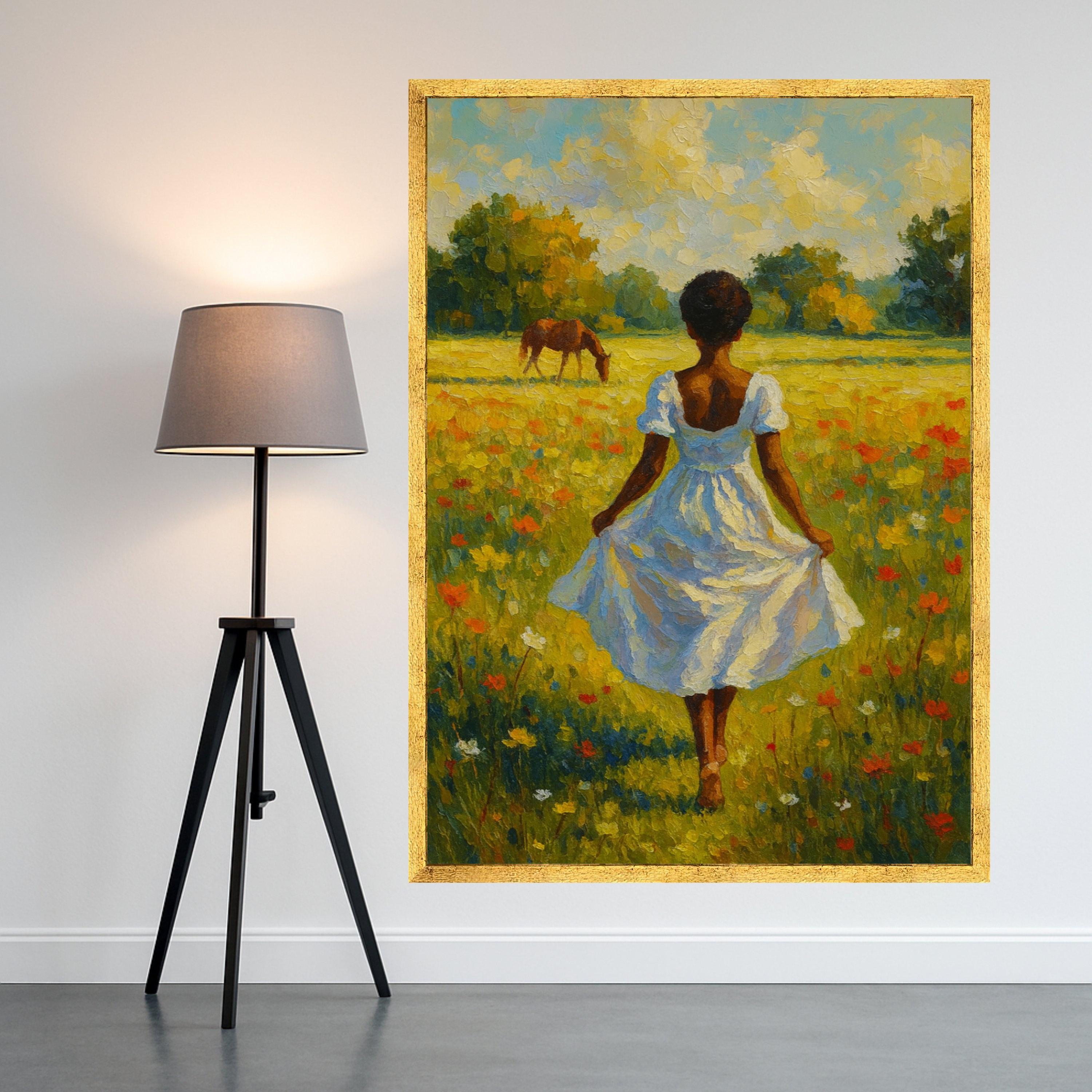 Country Meadow Canvas Print – Girl in White Dress Wall Art, Peaceful Field Scene, Horse & Wildflowers Wall Decor, Ready to Hang